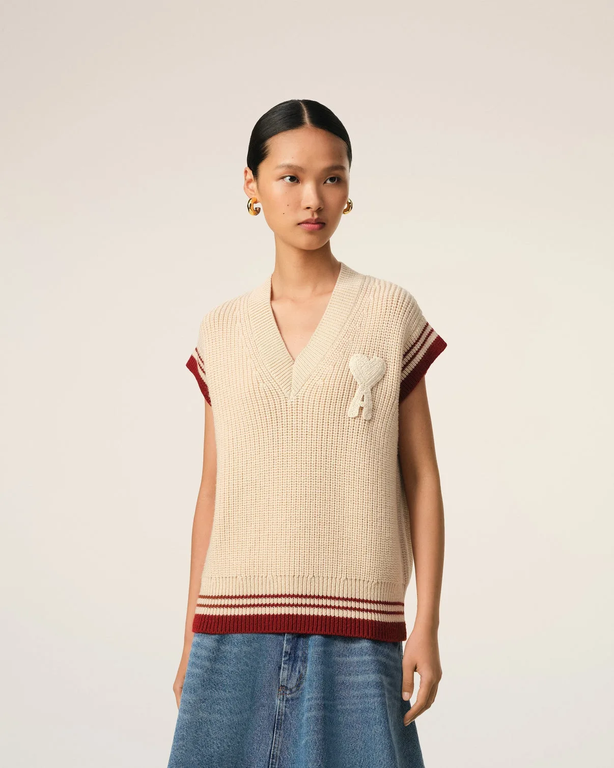 Beige Wool Ribbed Sleeveless V Neck Sweater