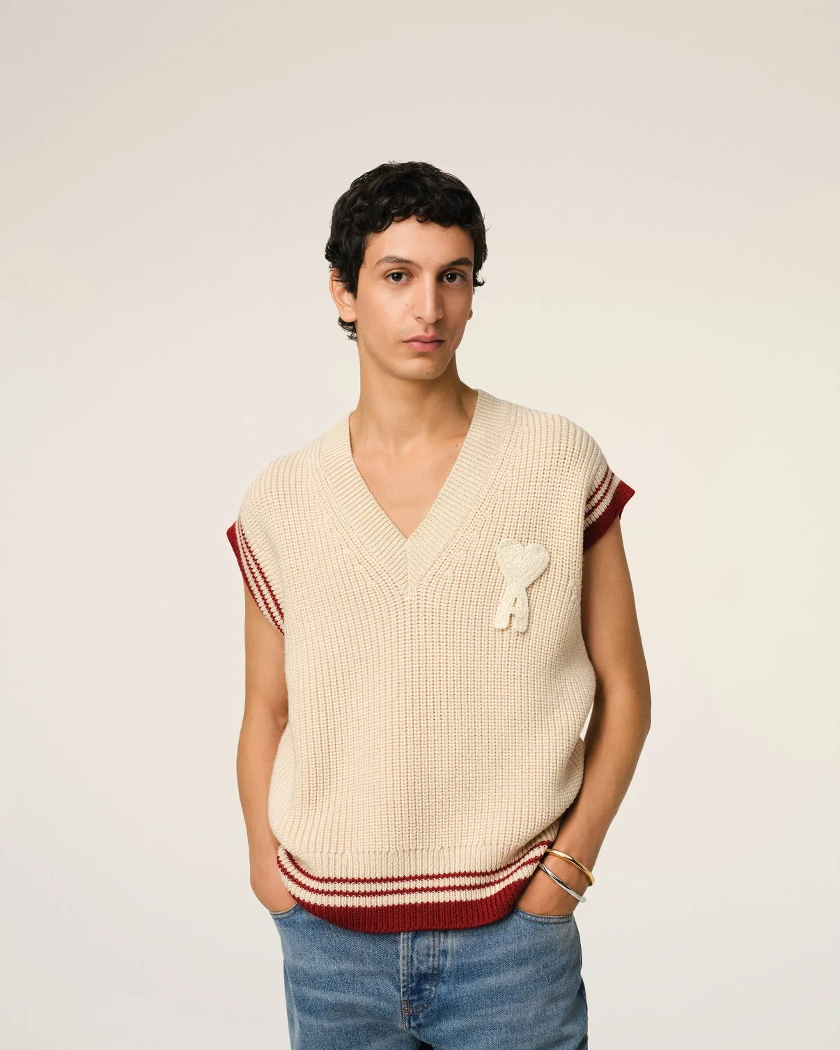 Beige Wool Ribbed Sleeveless V Neck Sweater