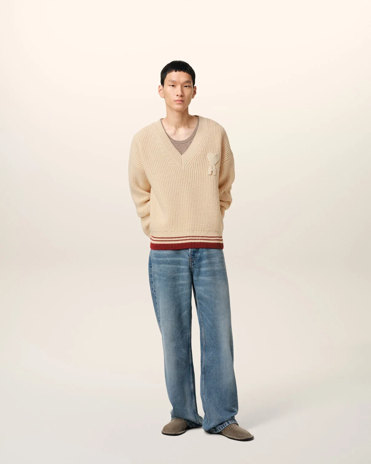 Beige Wool Ribbed V Neck Sweater