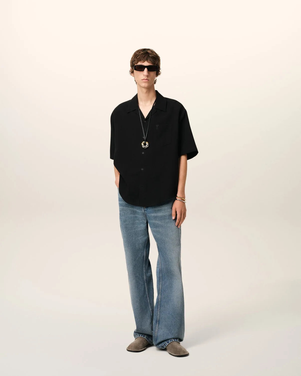 Black Cotton Camp Collar Short Sleeves Shirt
