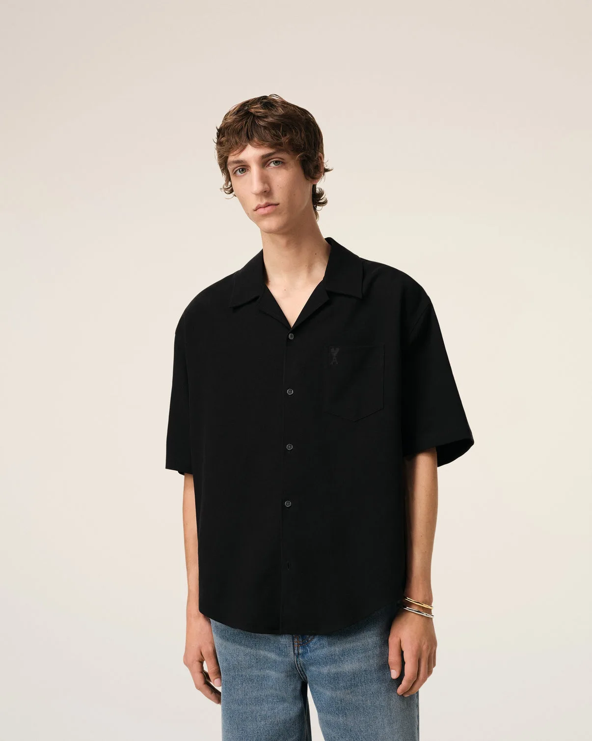 Black Cotton Camp Collar Short Sleeves Shirt
