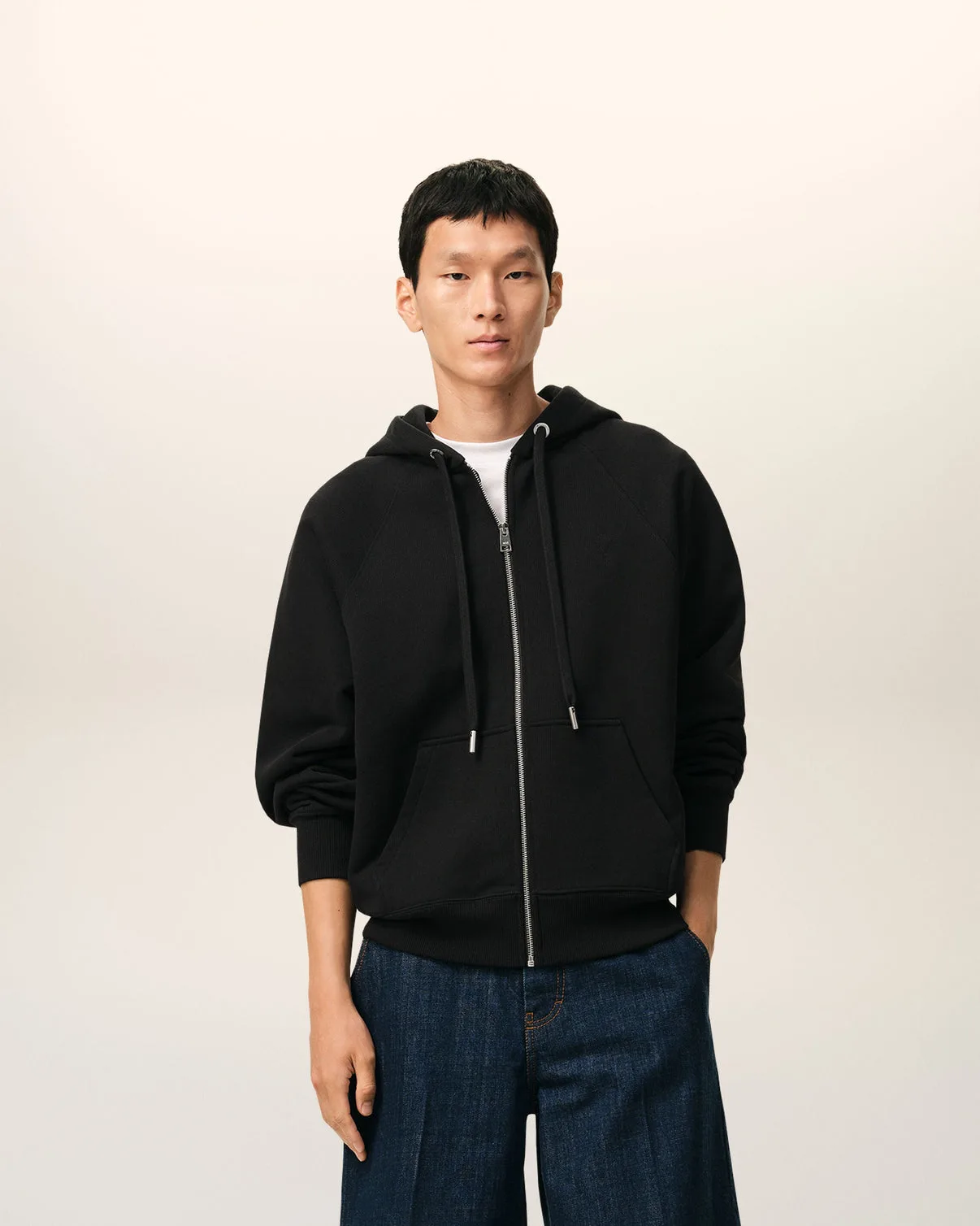 Black Cotton Embossed Zipped Hoodie