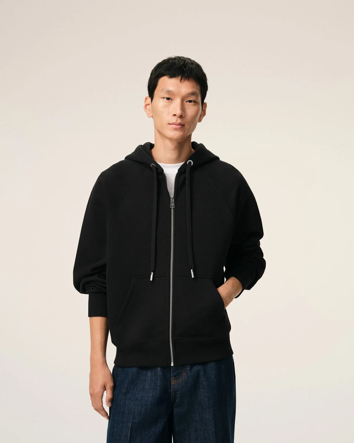 Black Cotton Embossed Zipped Hoodie