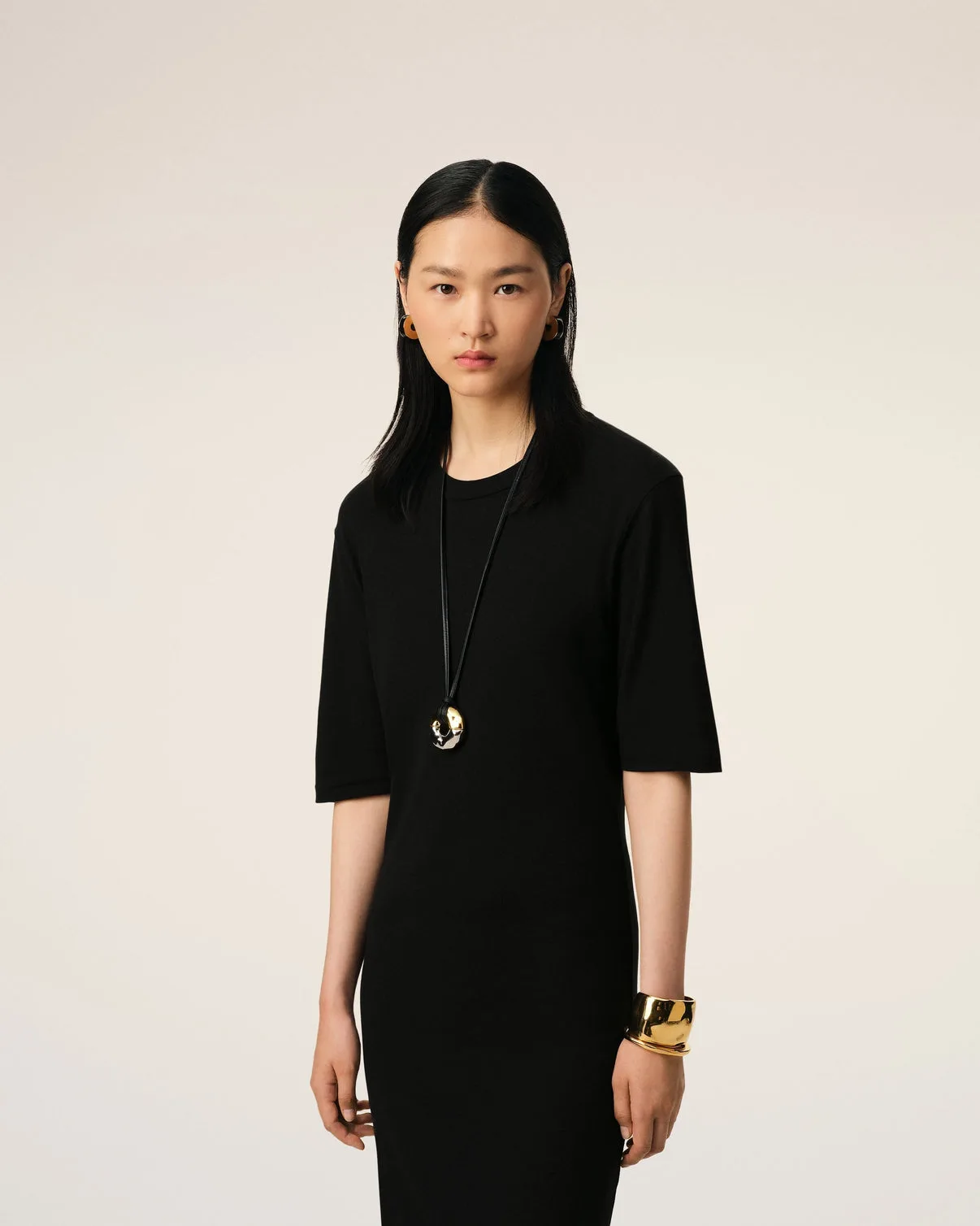 Black Cotton Short Sleeve Midi Dress
