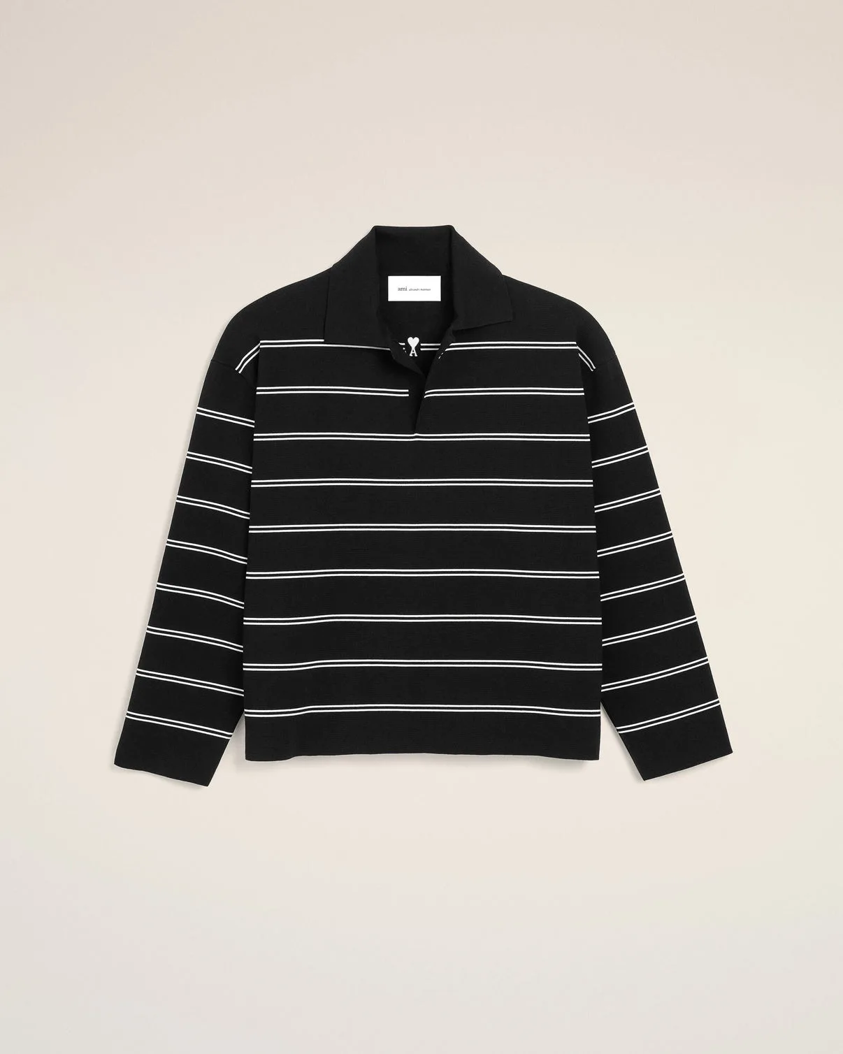 Black striped cotton polo with patch