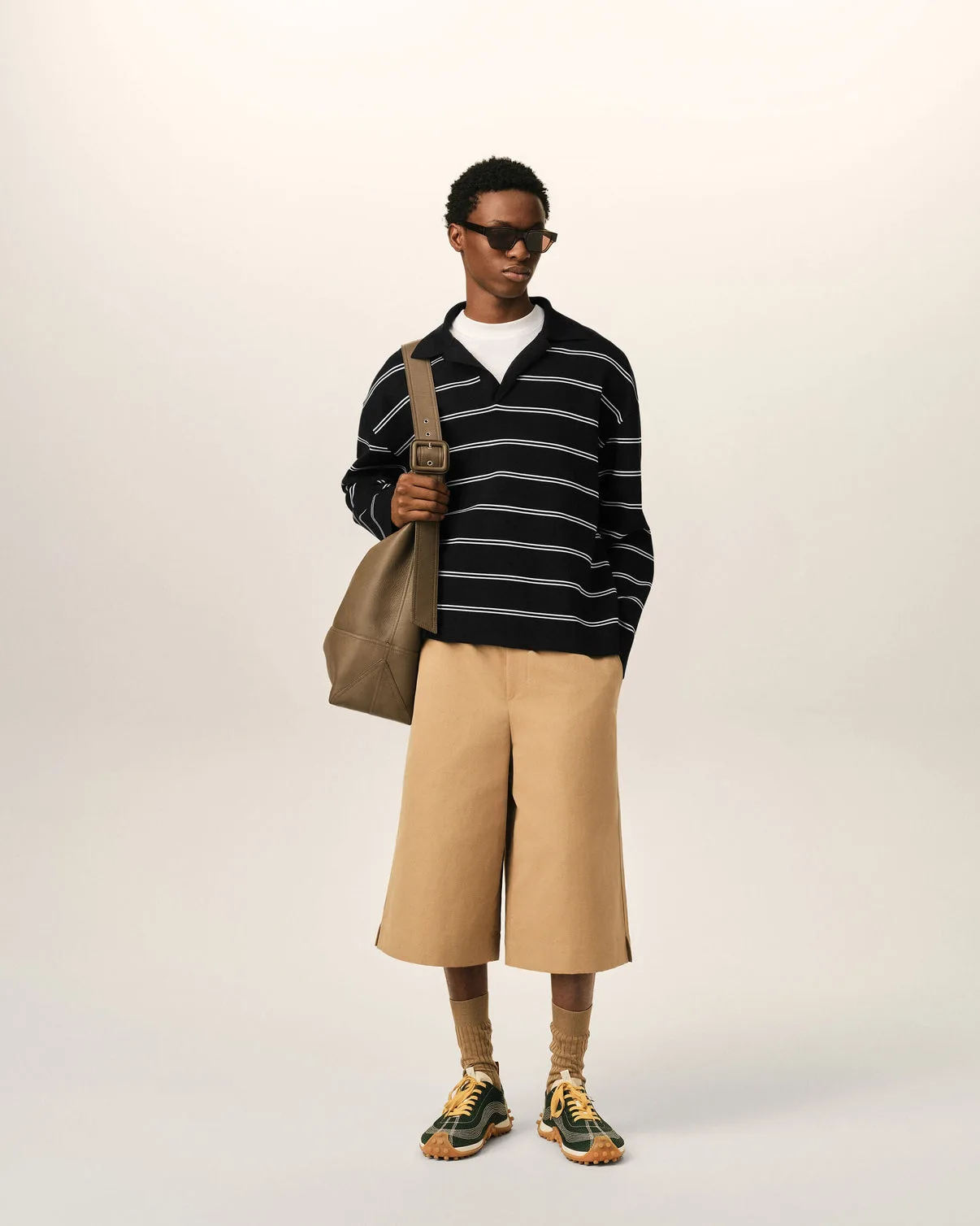 Black striped cotton polo with patch