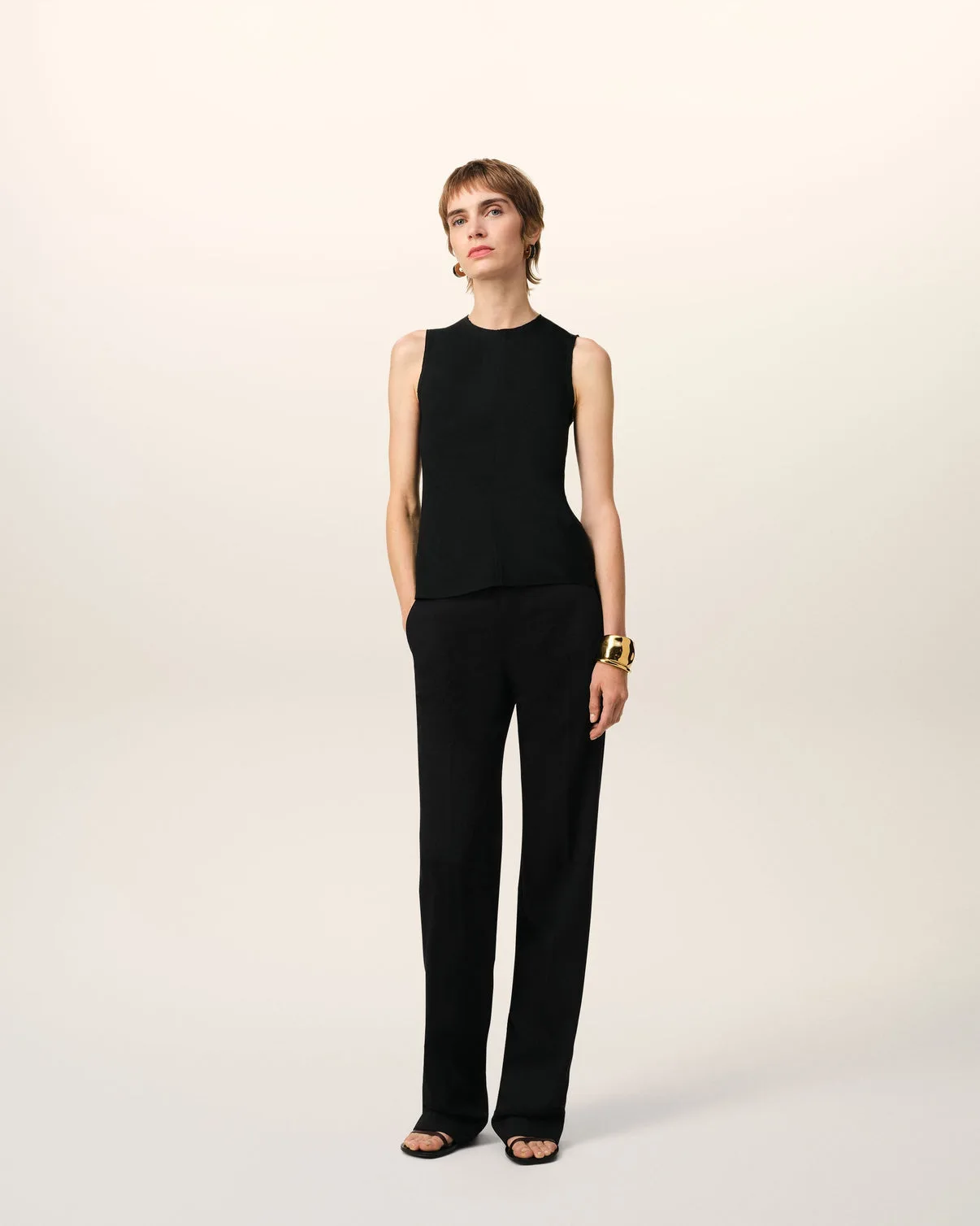 Black Wool Contrasted Straight Pants