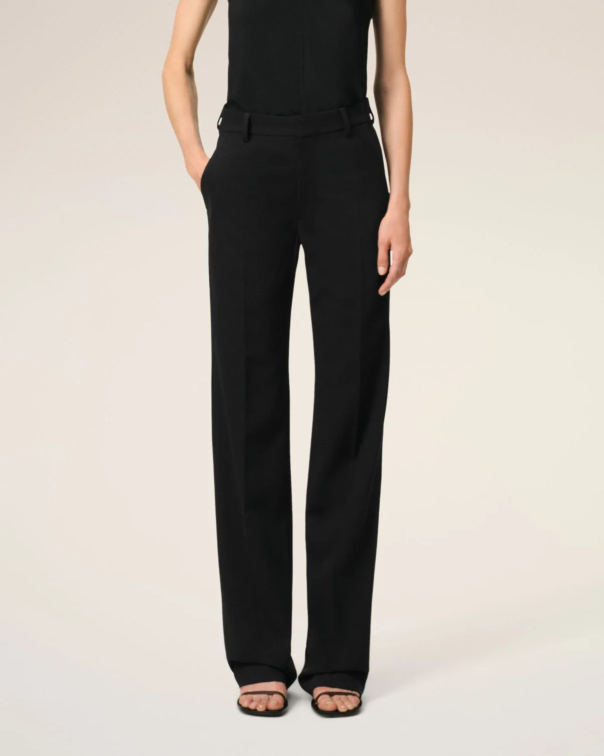 Black Wool Contrasted Straight Pants