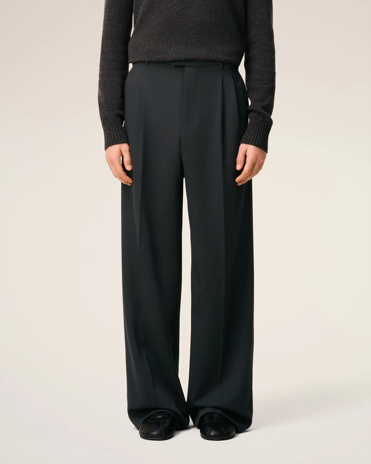 Black Wool Low Waist Wide Pants
