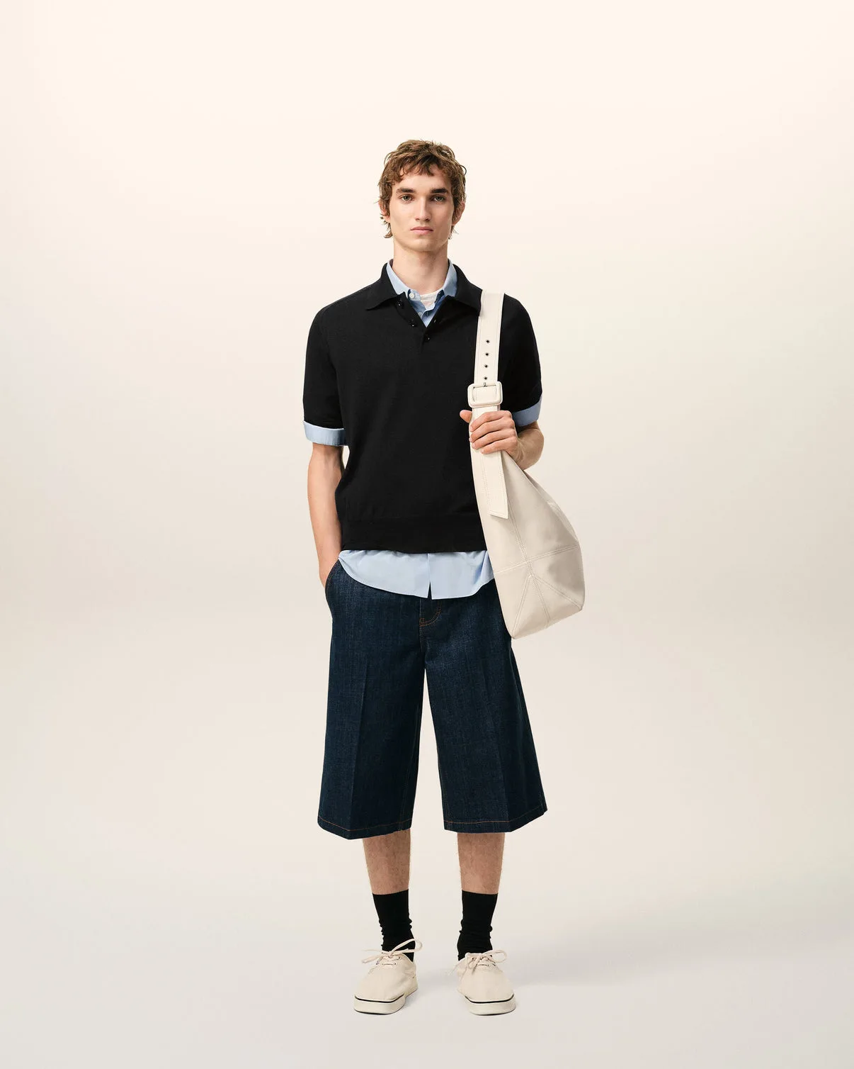 Black Wool Short Sleeves Polo