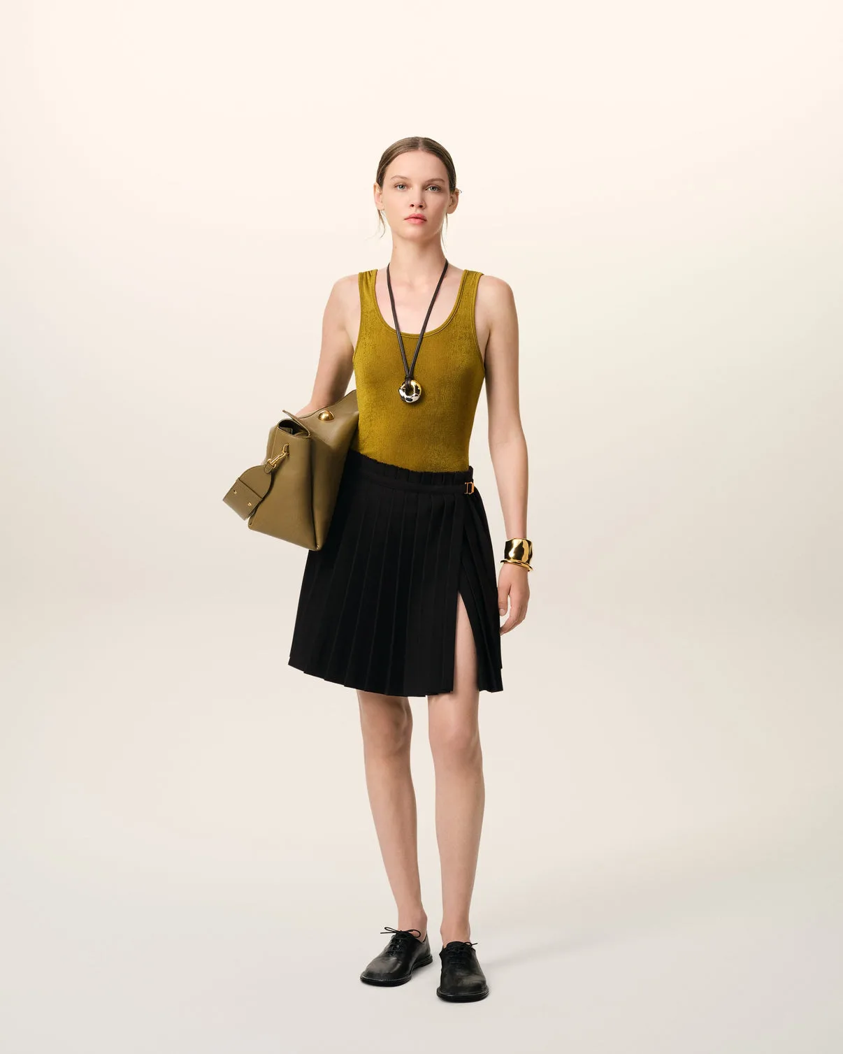 Black Wool Twill Short Pleated Skirt