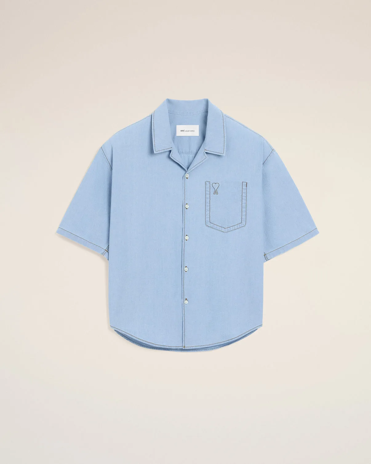 Blue boxy cotton short-sleeve shirt with