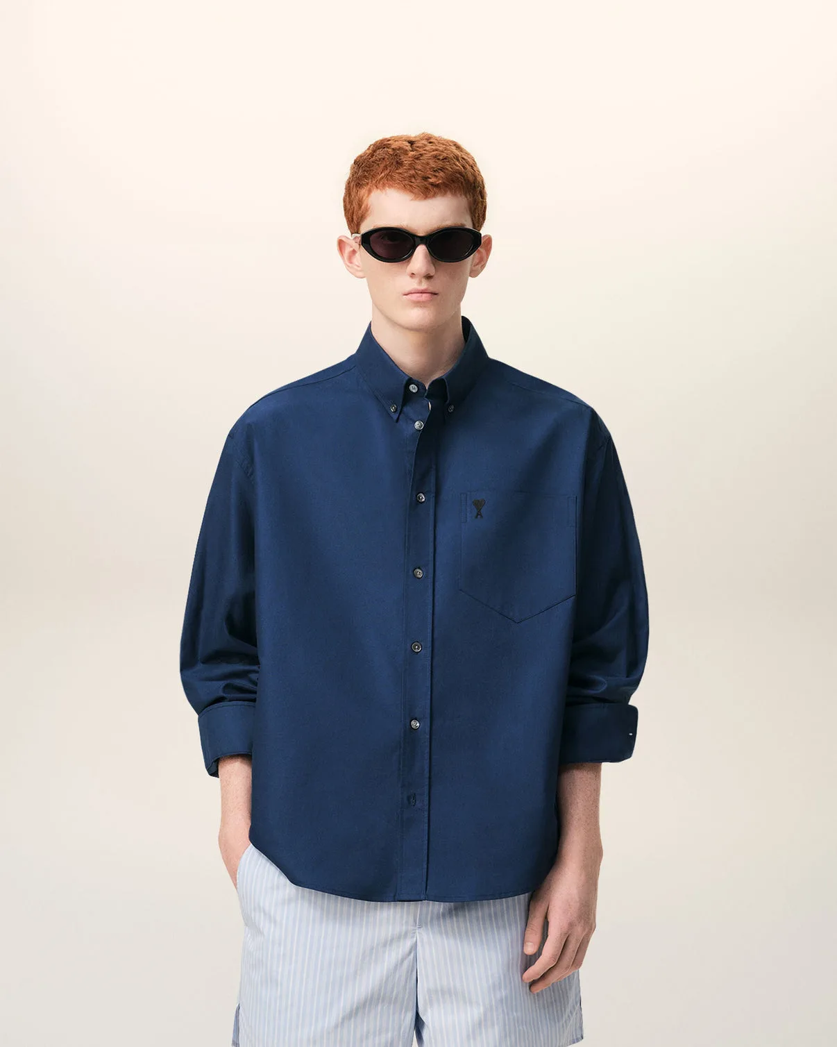 Blue Cotton Boxy Embroidered Shirt