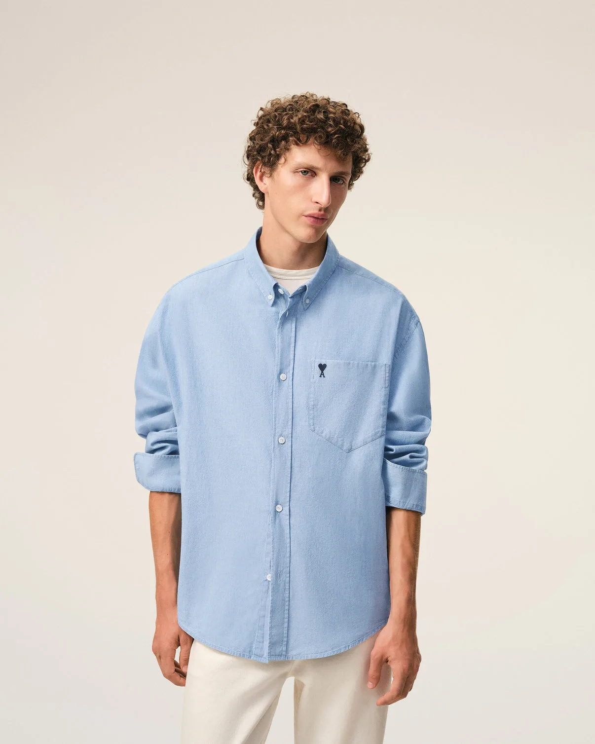 Blue Cotton Boxy Embroidered Shirt