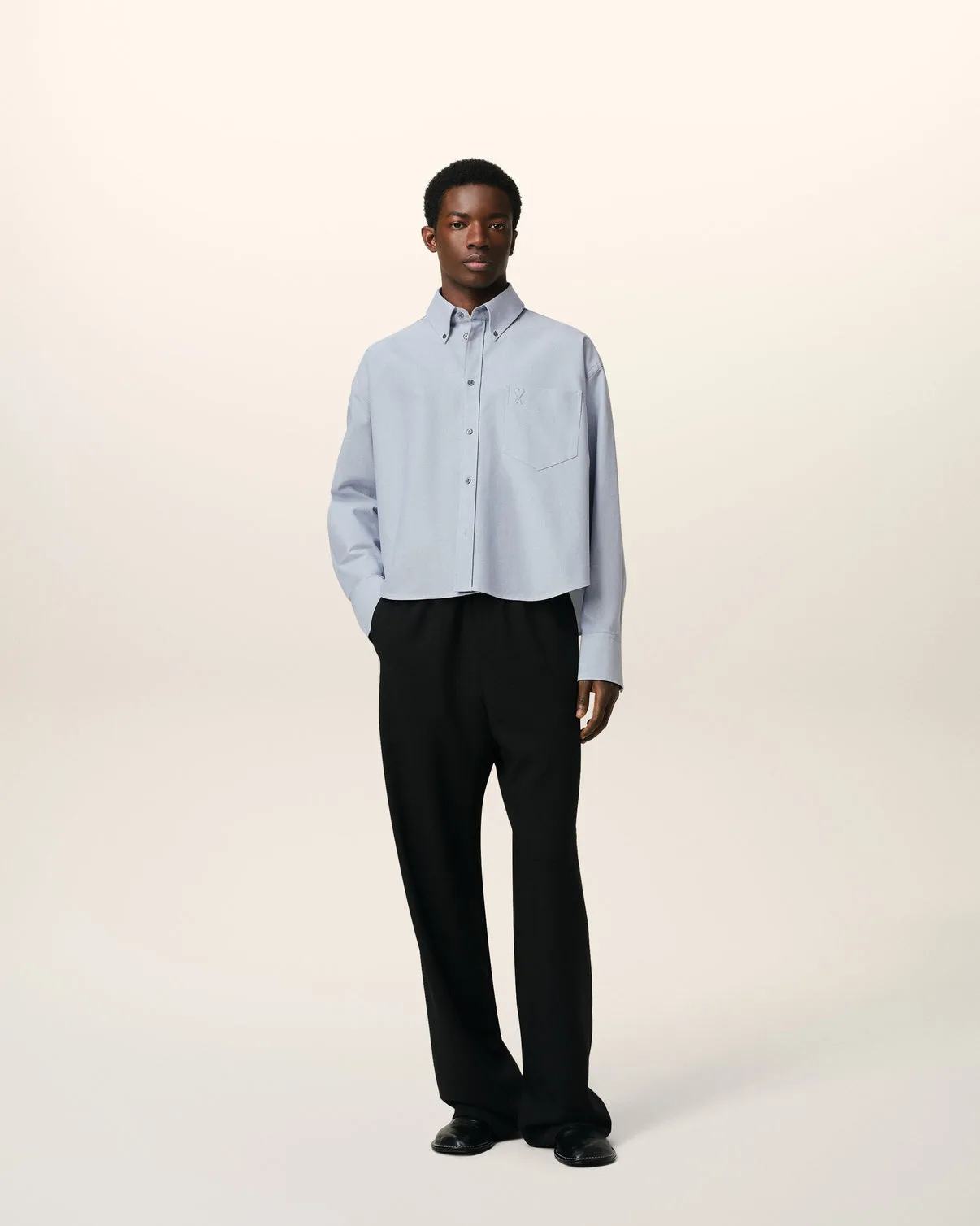 Blue Cotton Button-Down Cropped Oversized Shirt