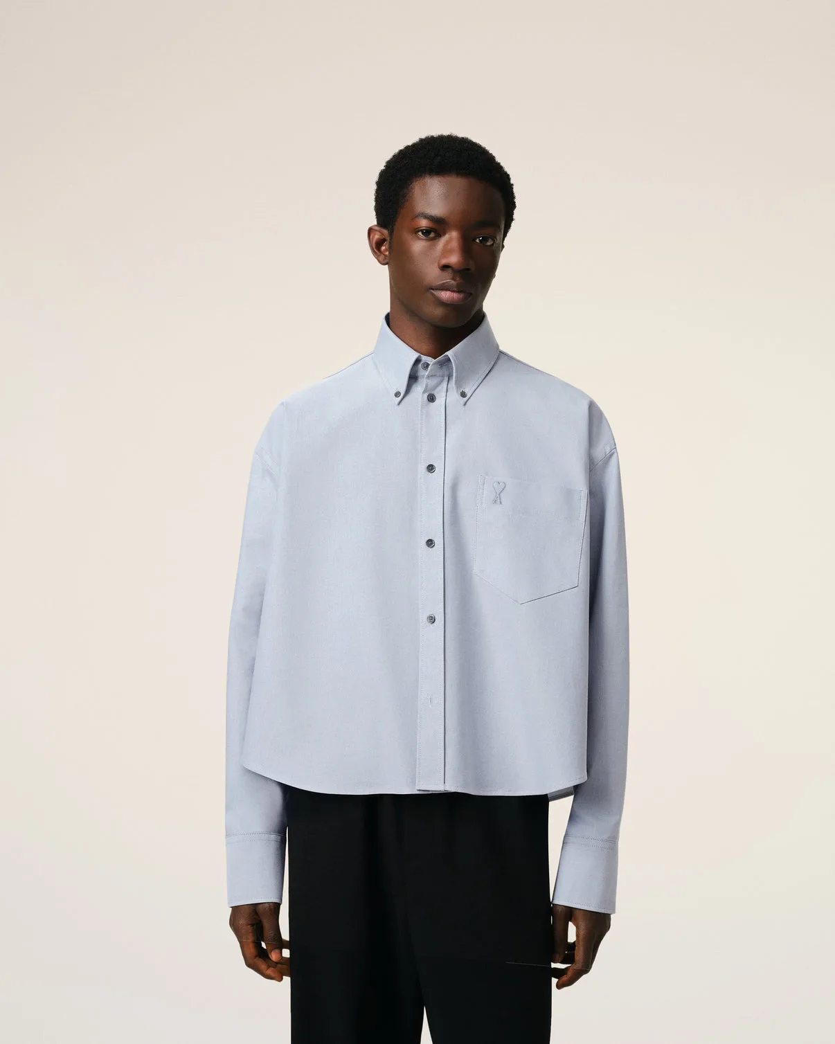 Blue Cotton Button-Down Cropped Oversized Shirt