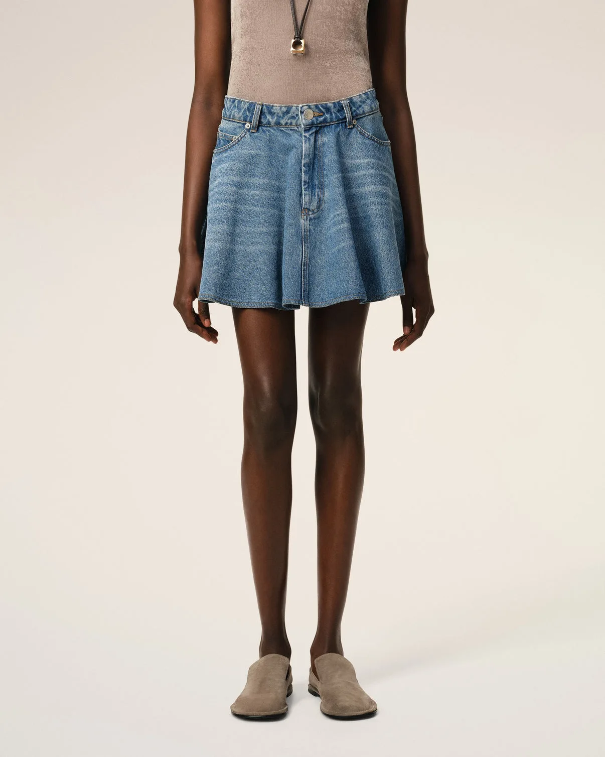 Blue Cotton Flare Mini Skirt