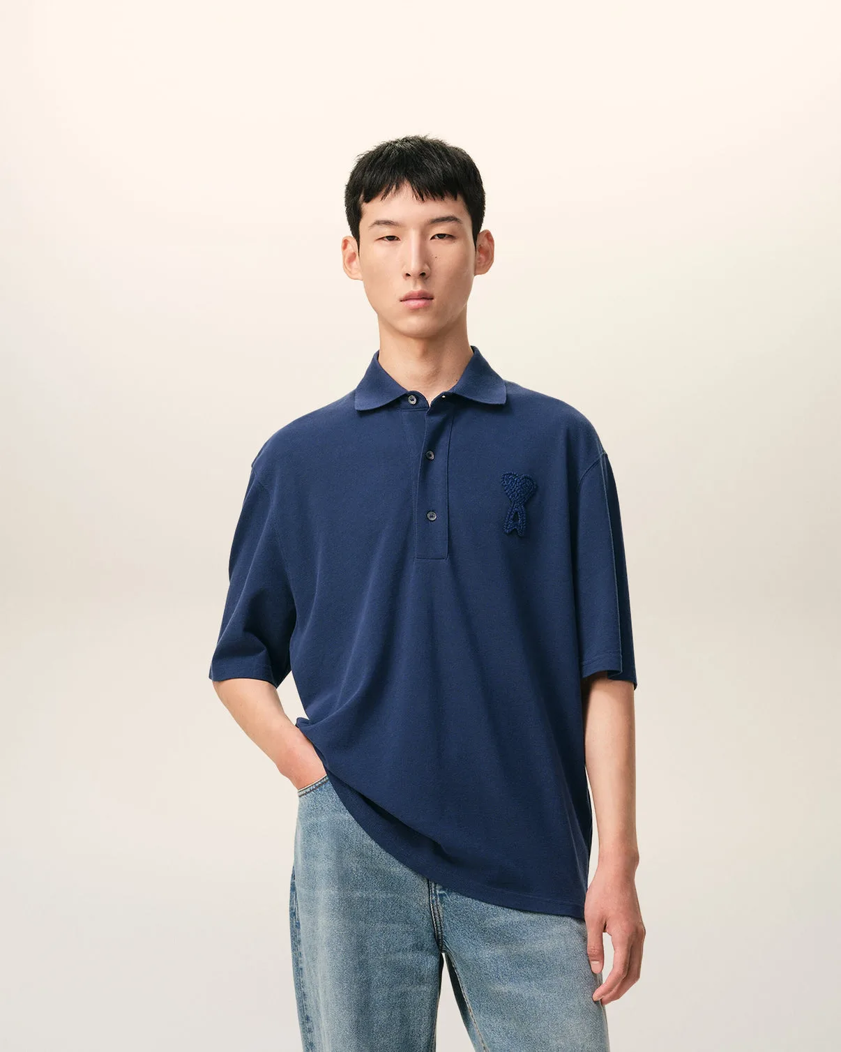 Blue Cotton Knitted Patch Polo