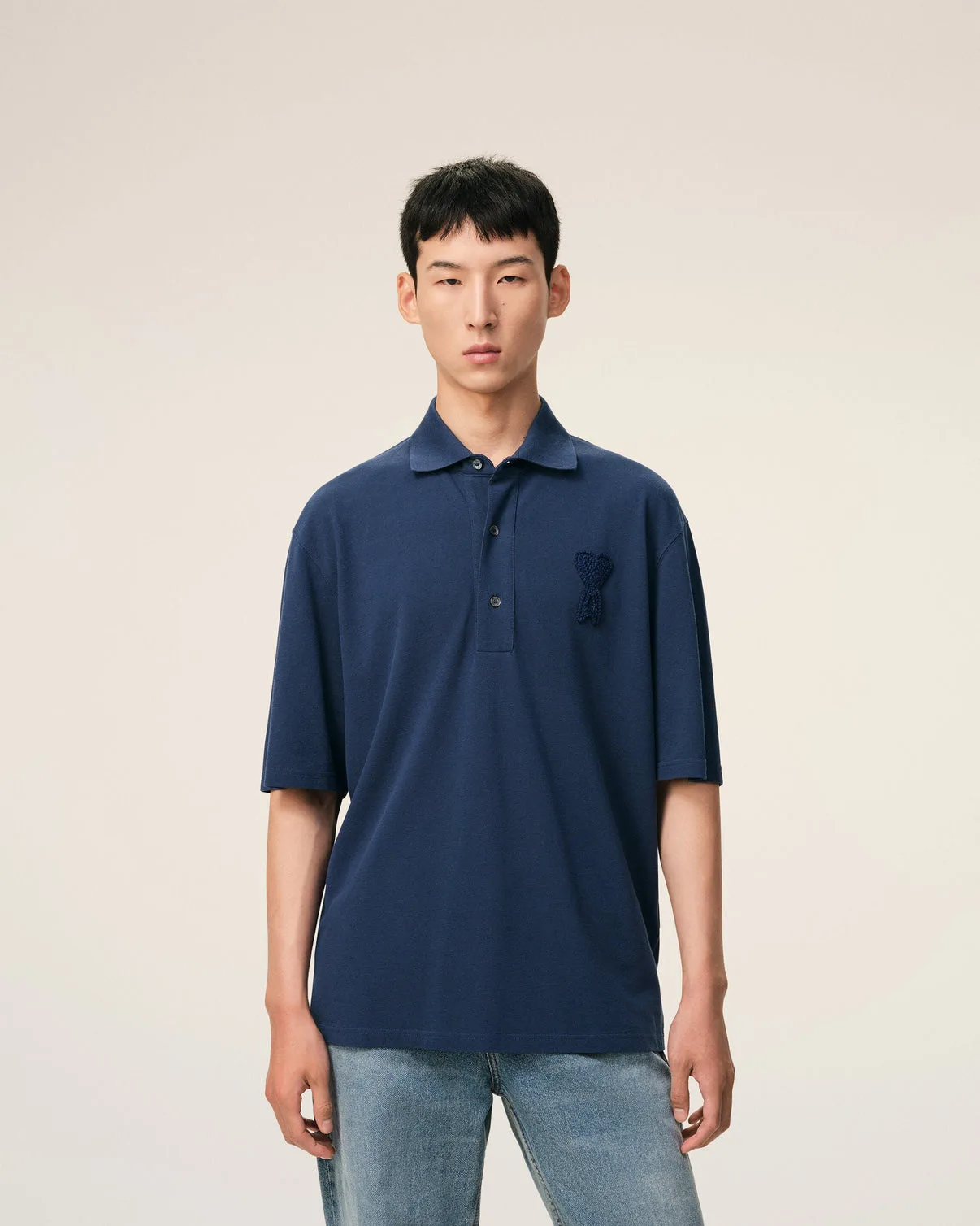 Blue Cotton Knitted Patch Polo