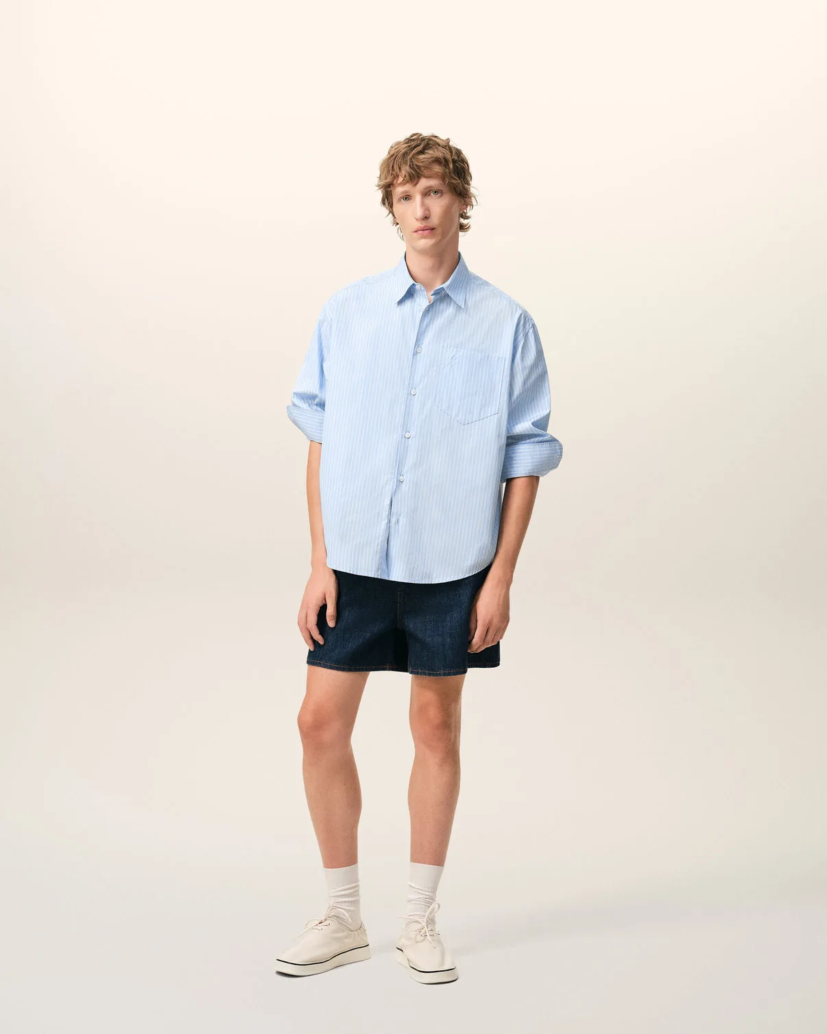 Blue Cotton Long Sleeve Boxy Shirt