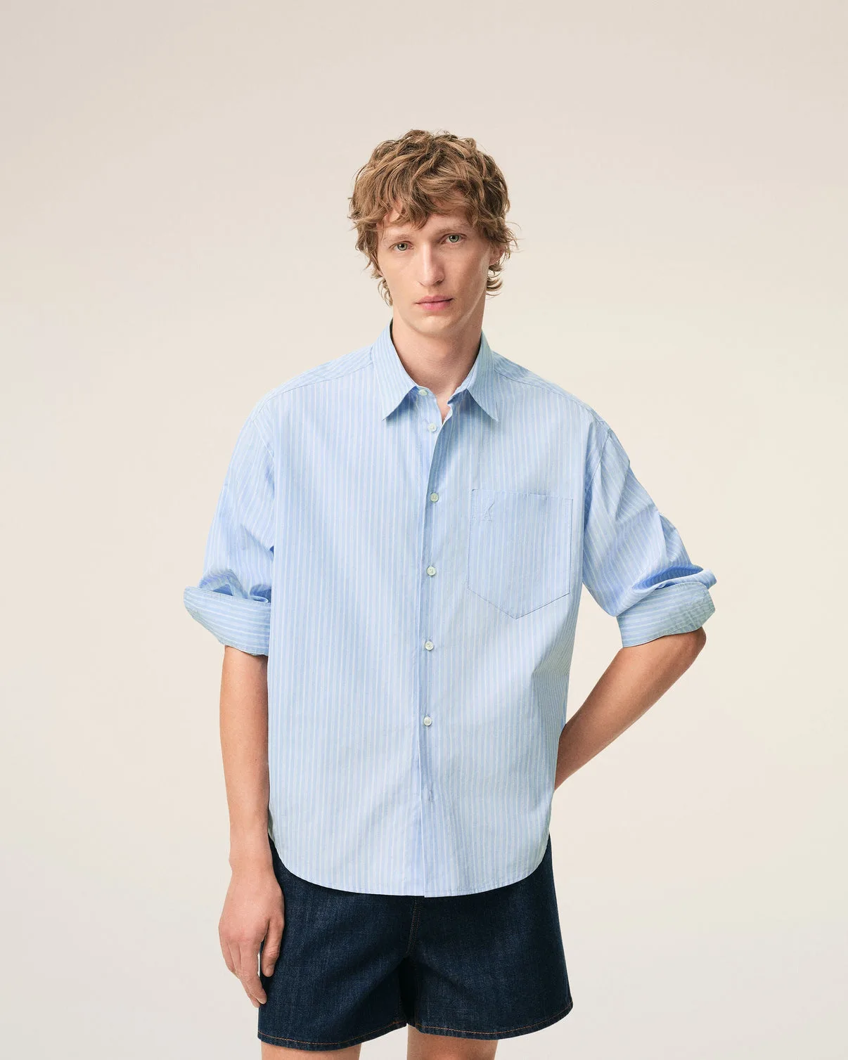 Blue Cotton Long Sleeve Boxy Shirt