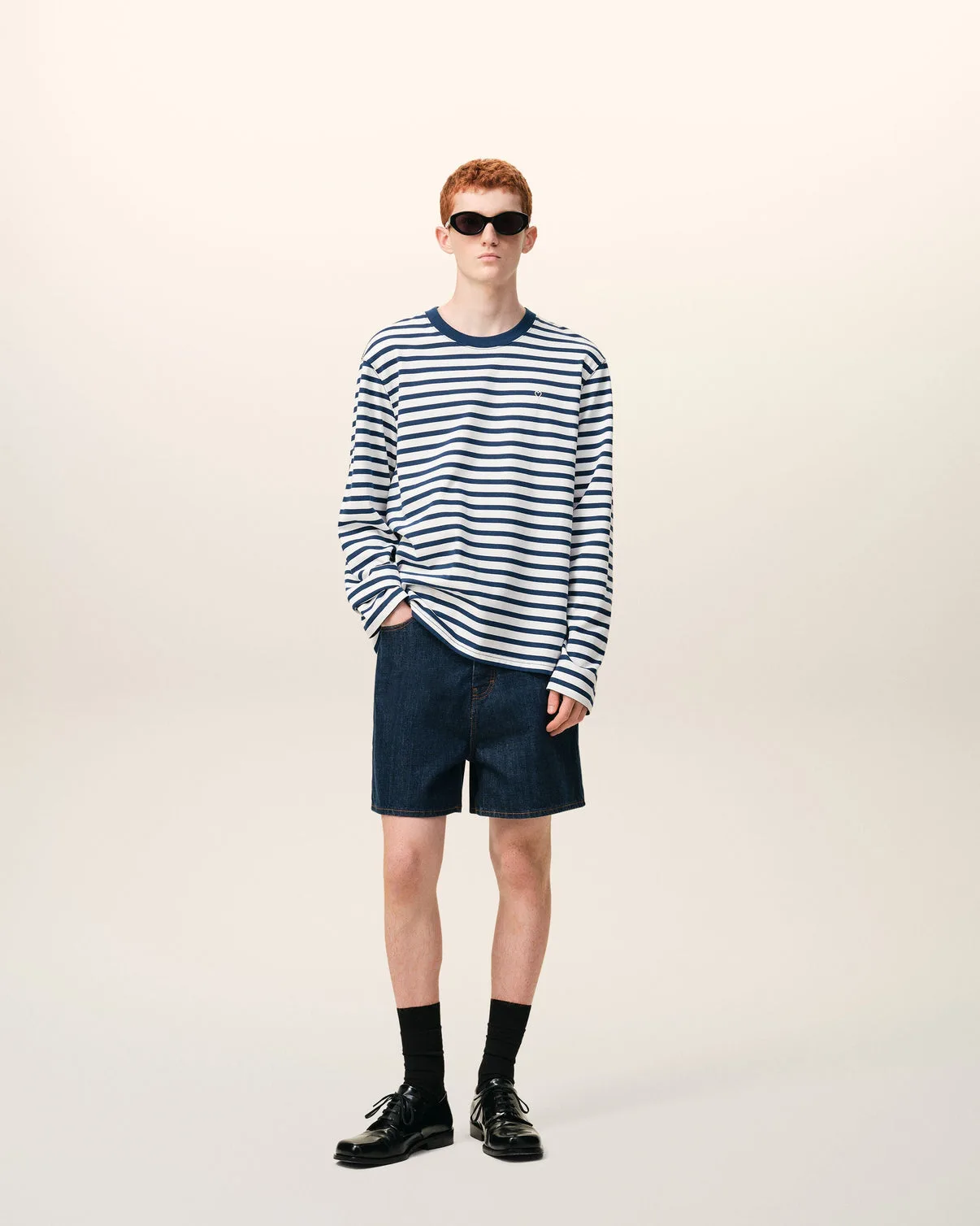 Blue Cotton Long Sleeves Mariniere T-shirt