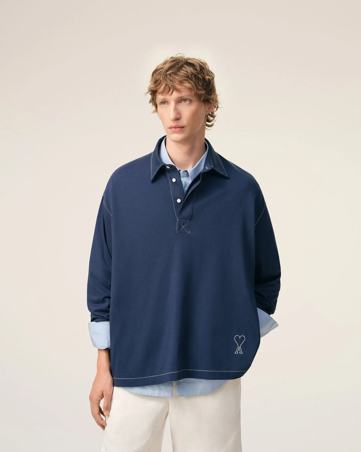 Blue Cotton Long Sleeves Polo