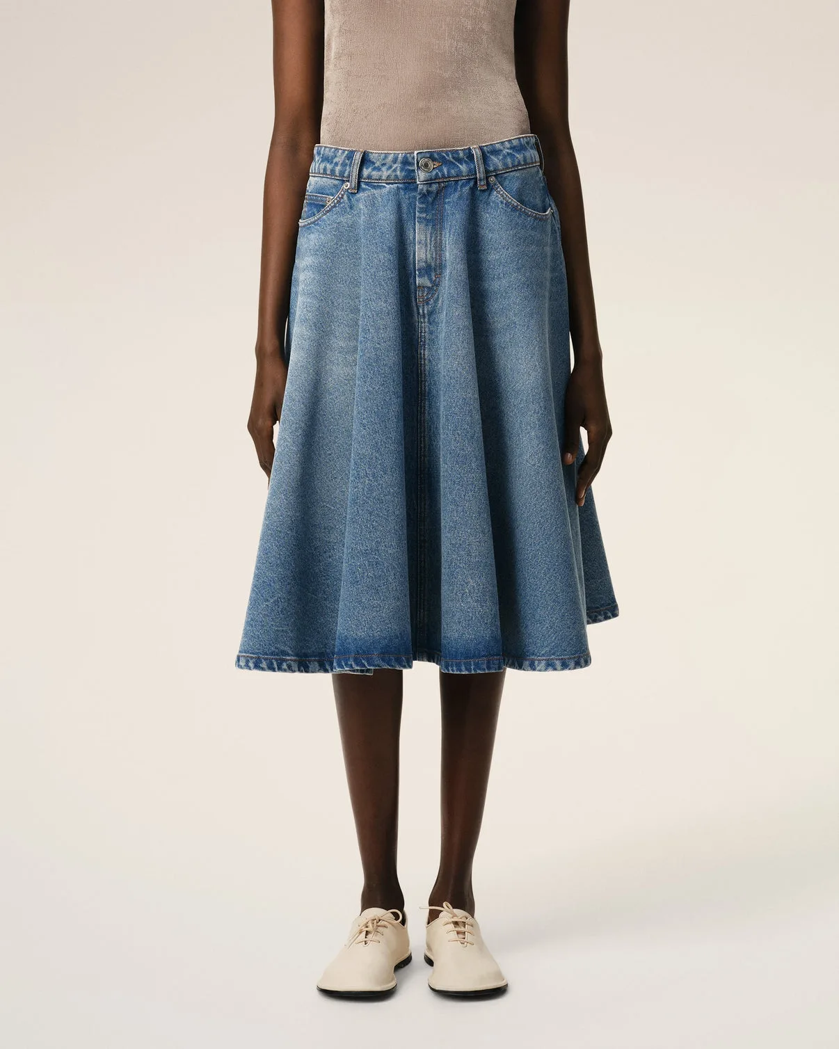 Blue Cotton Midi Skirt With Godets