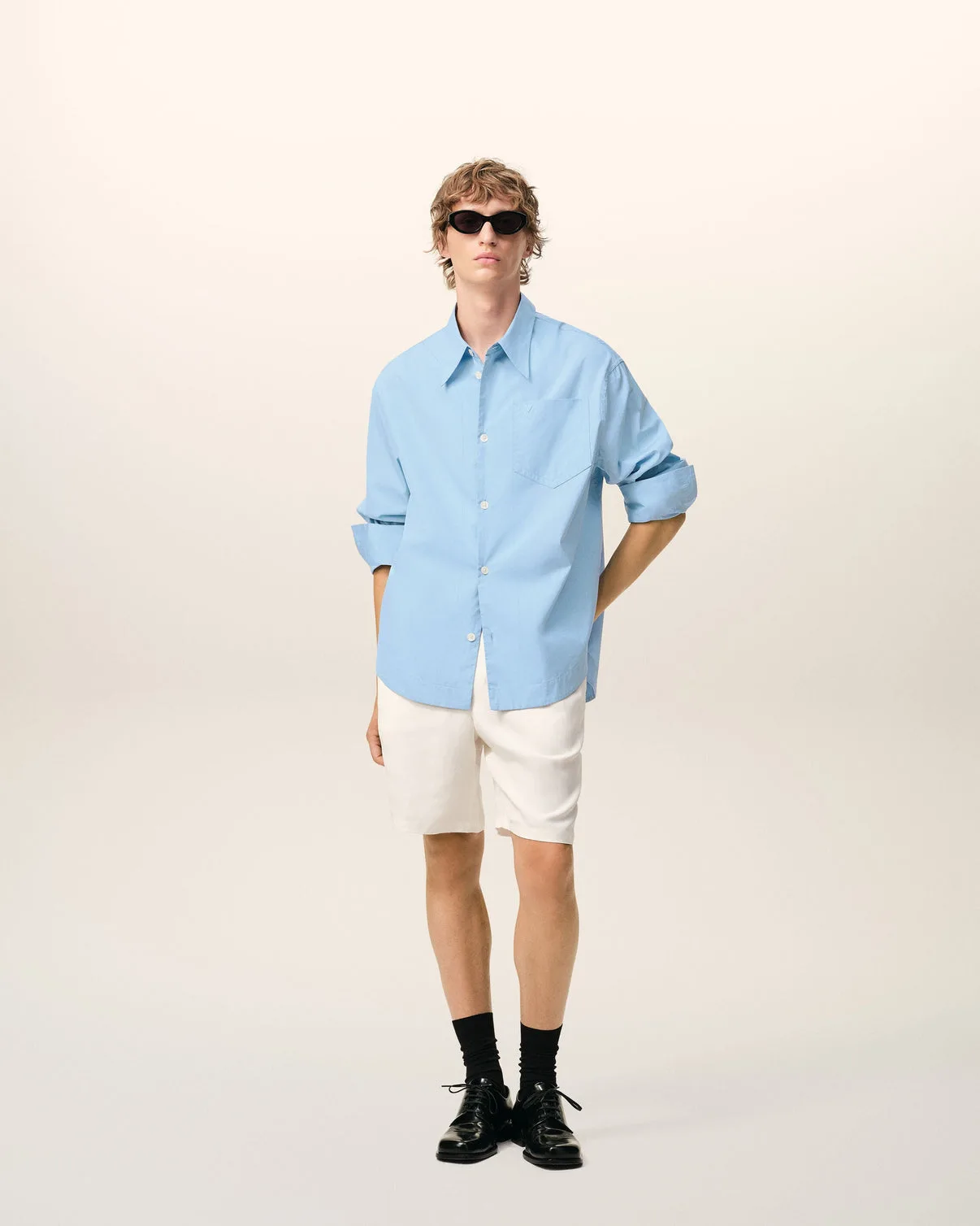 Blue Cotton Sharp Collar Wide Shirt
