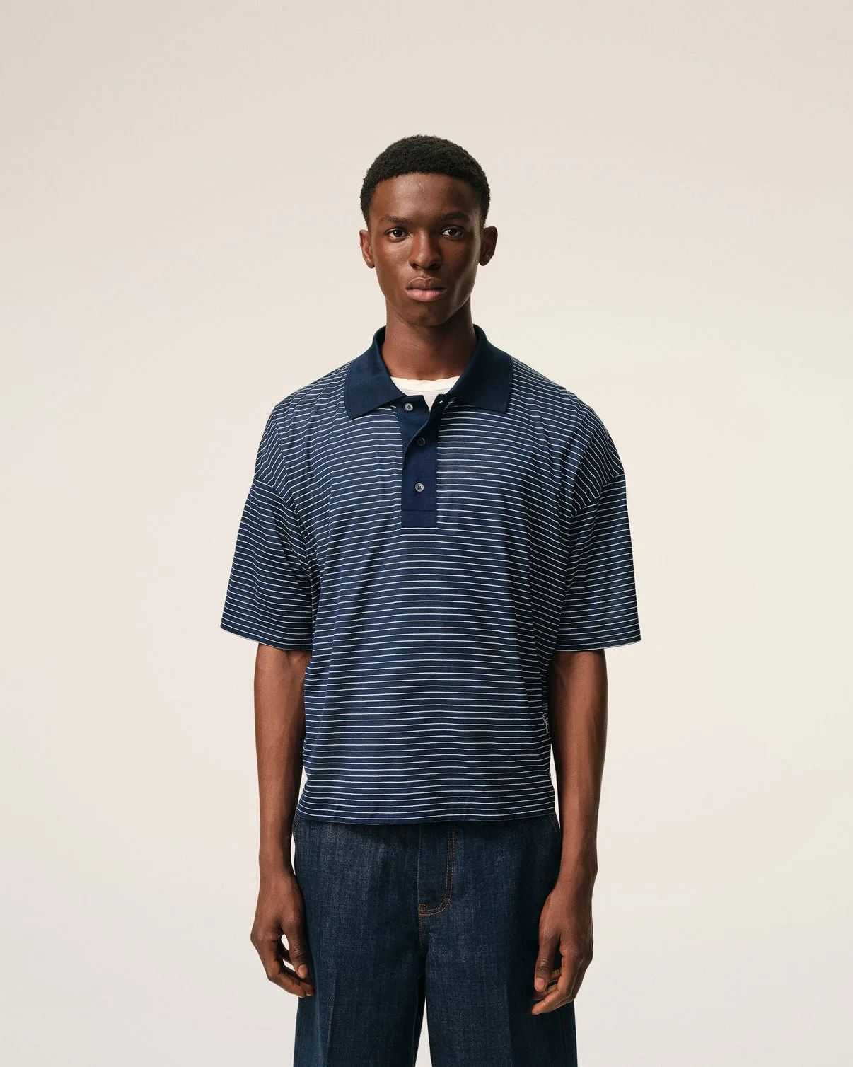 Blue Cotton Striped Polo