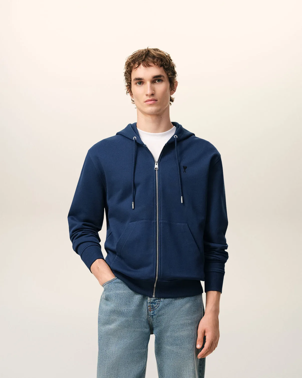 Blue Cotton Zipped Hoodie