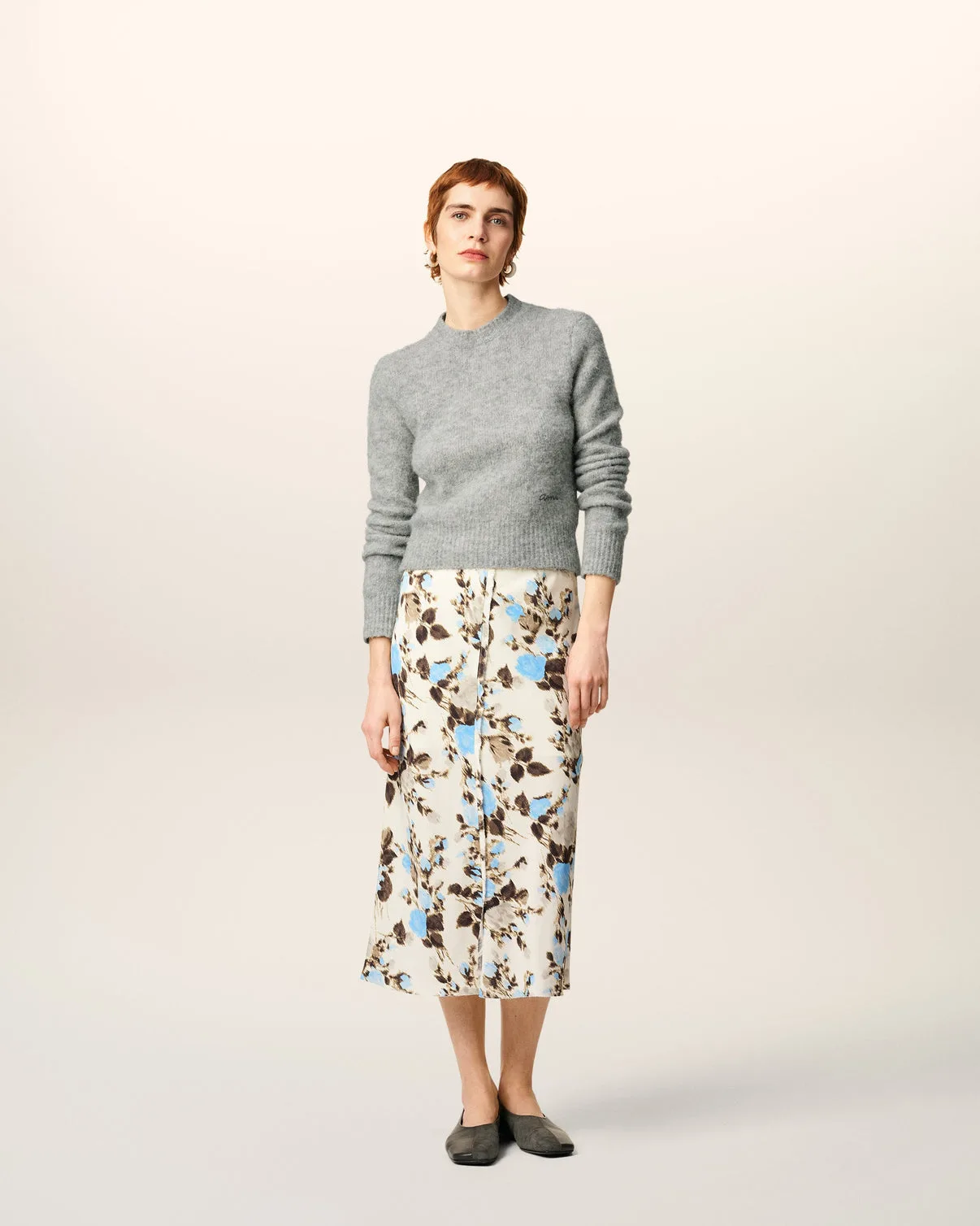 Blue Flower Printed Raw Edges Details Midi Skirt