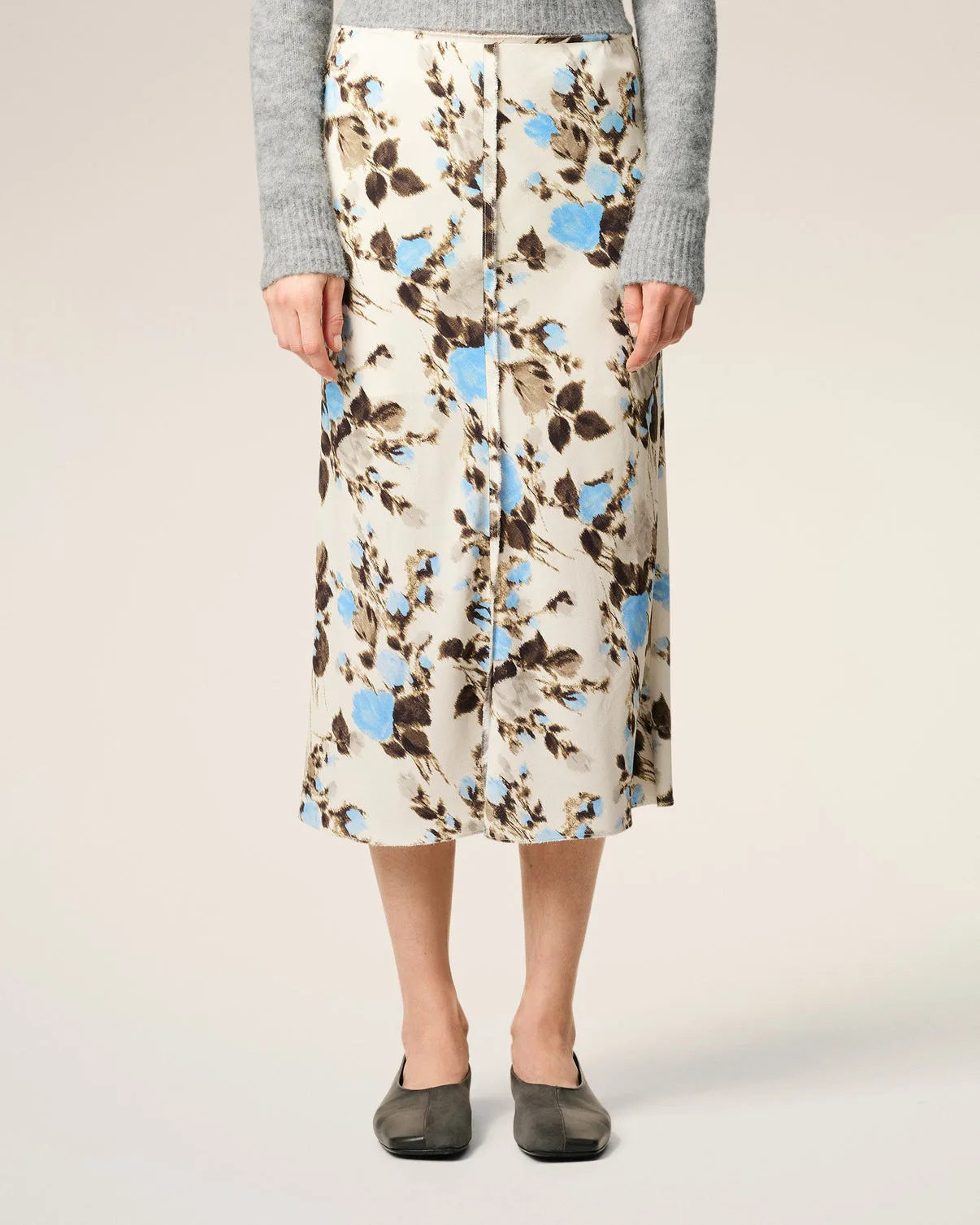 Blue Flower Printed Raw Edges Details Midi Skirt