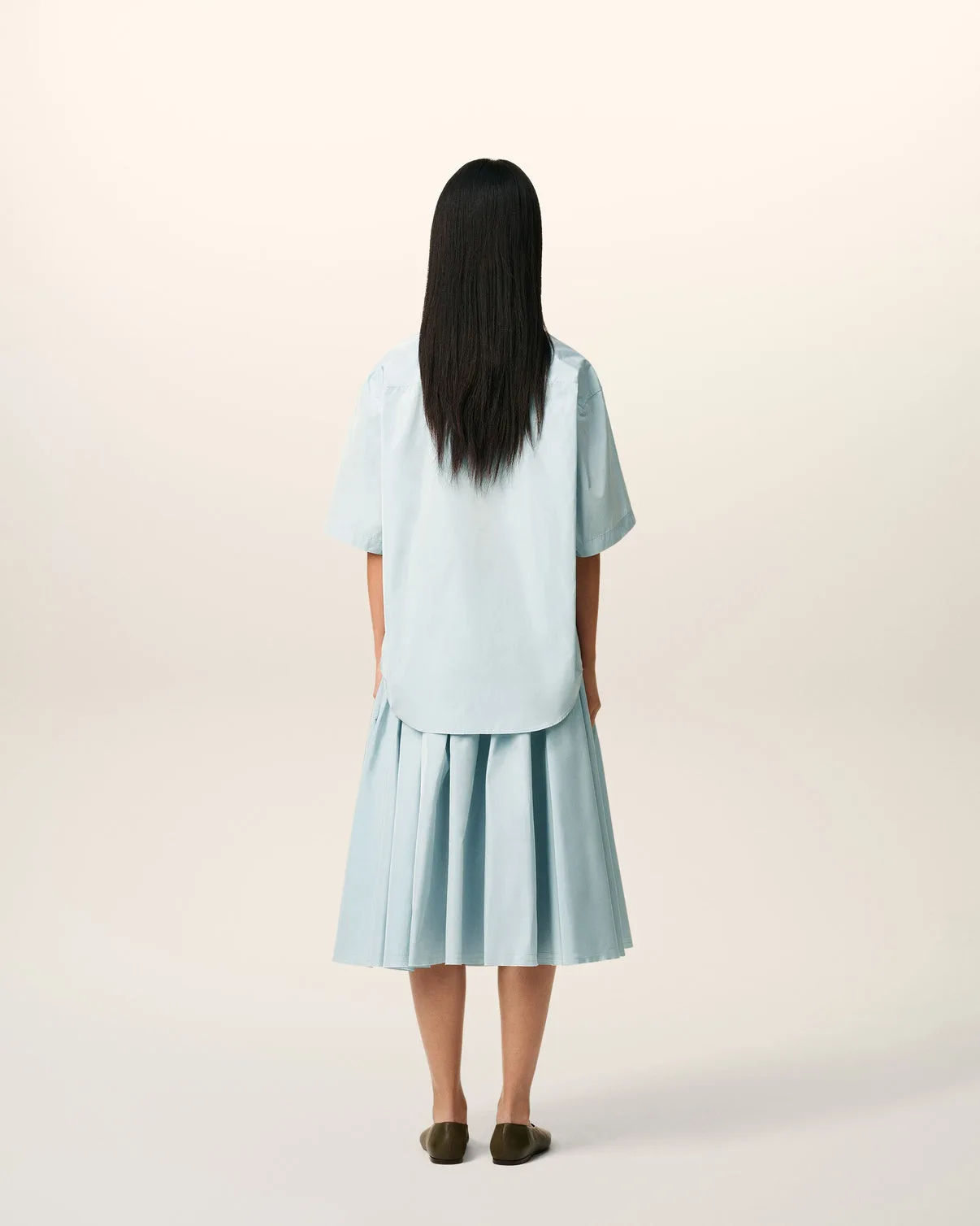 Blue Taffetas Short Sleeved Boxy Shirt