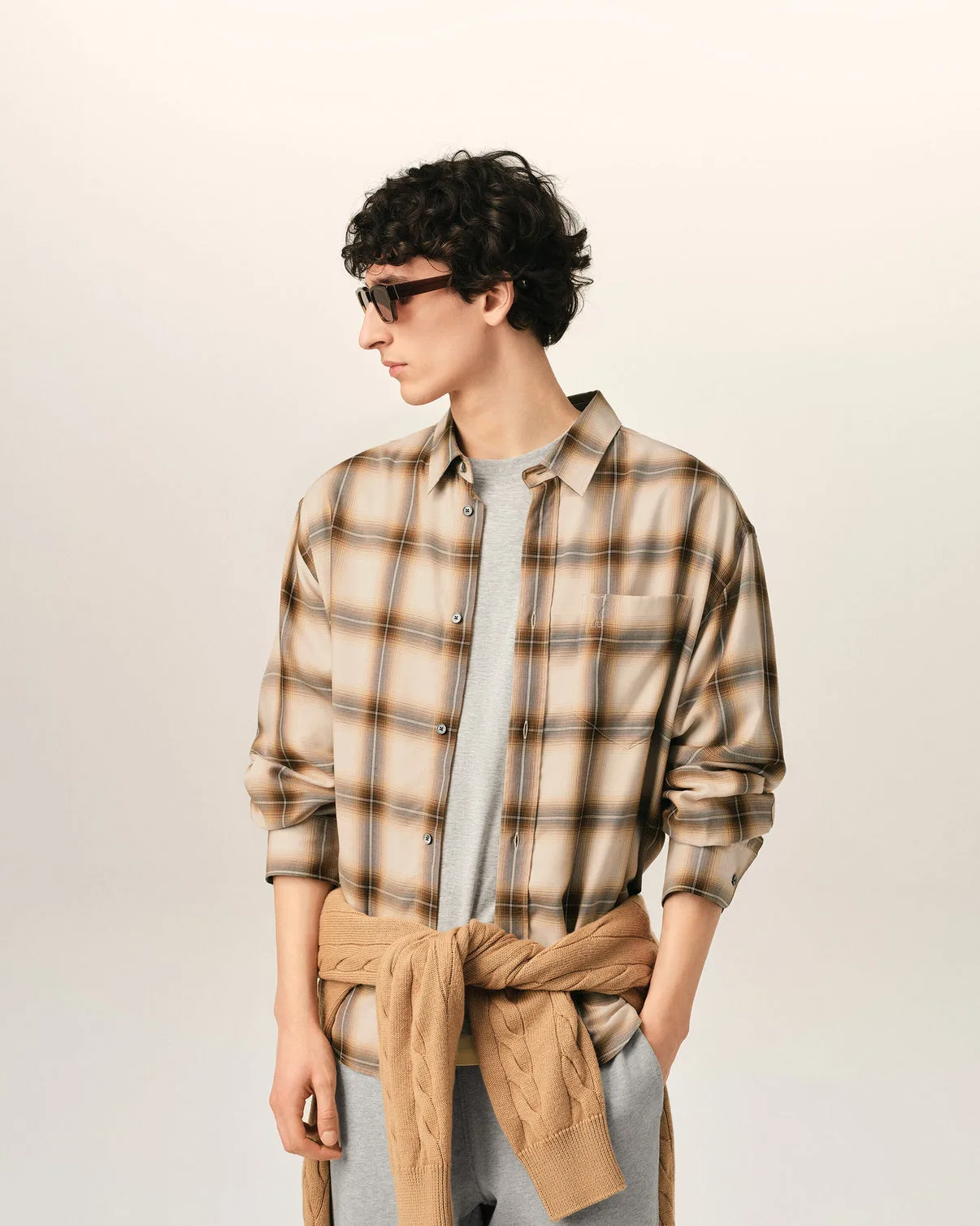 Boxy Beige Checkered Shirt In Canvas