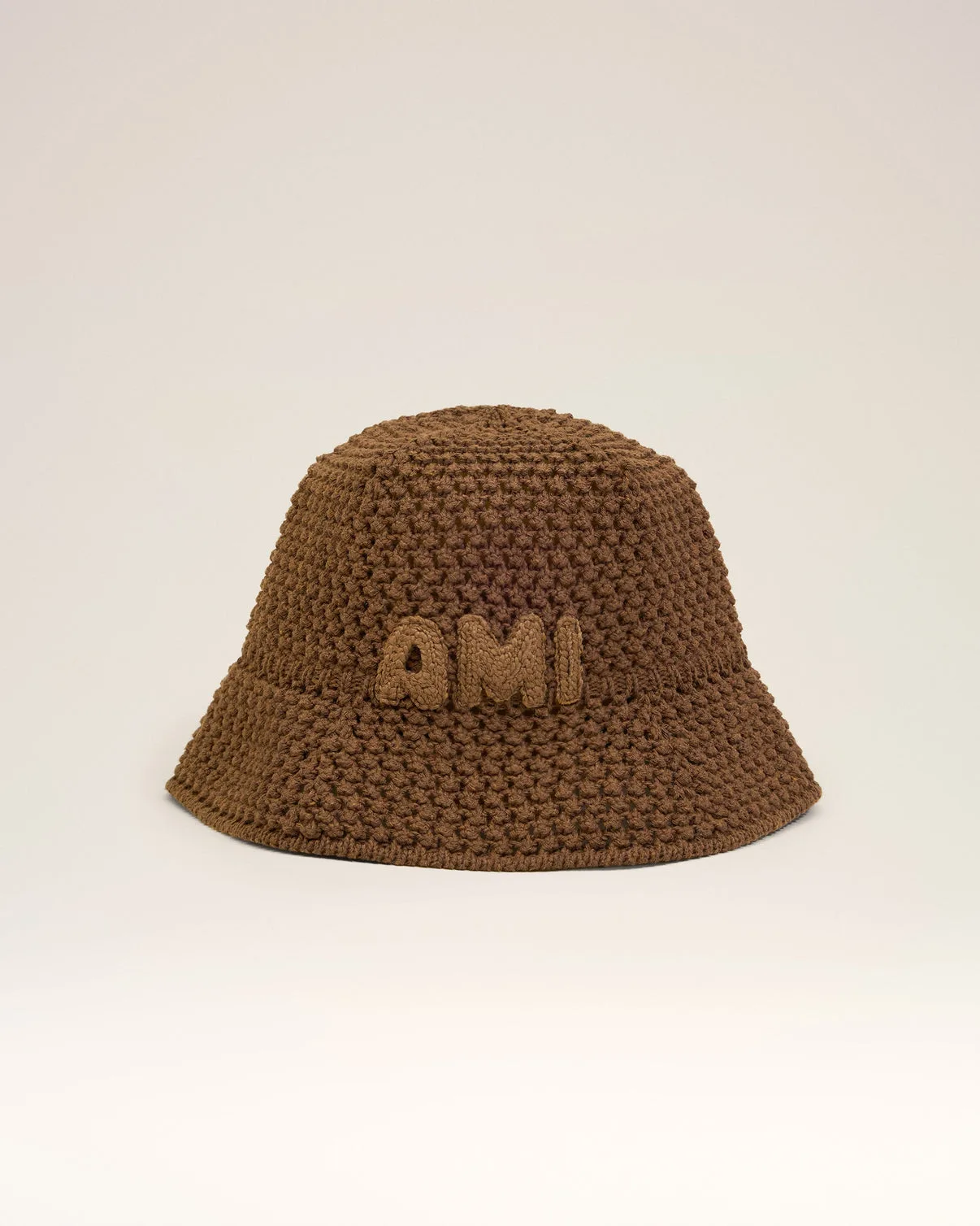 Brown Cotton Knitted Patch Bucket Hat