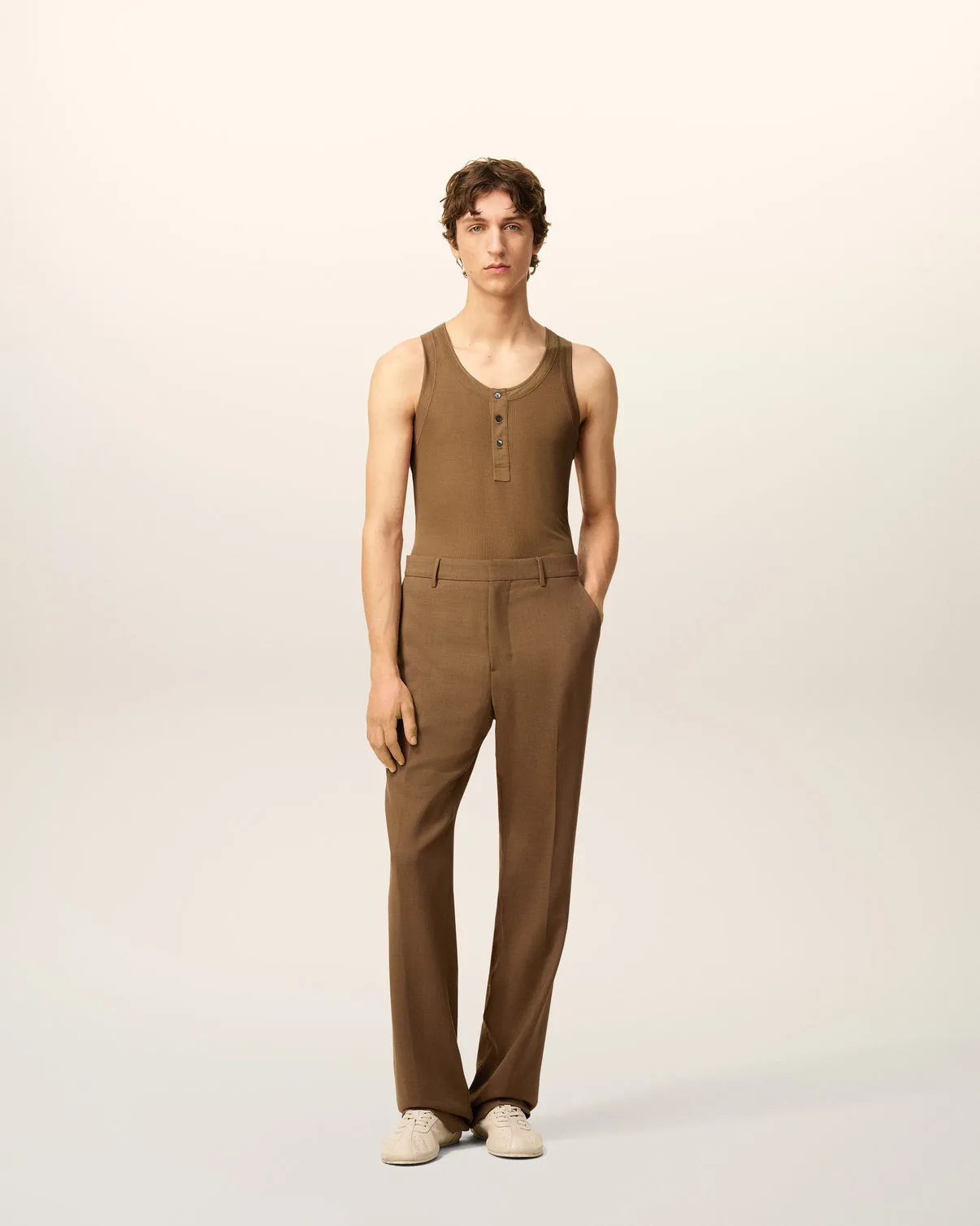 Brown Jersey Buttoned Placket Tanktop