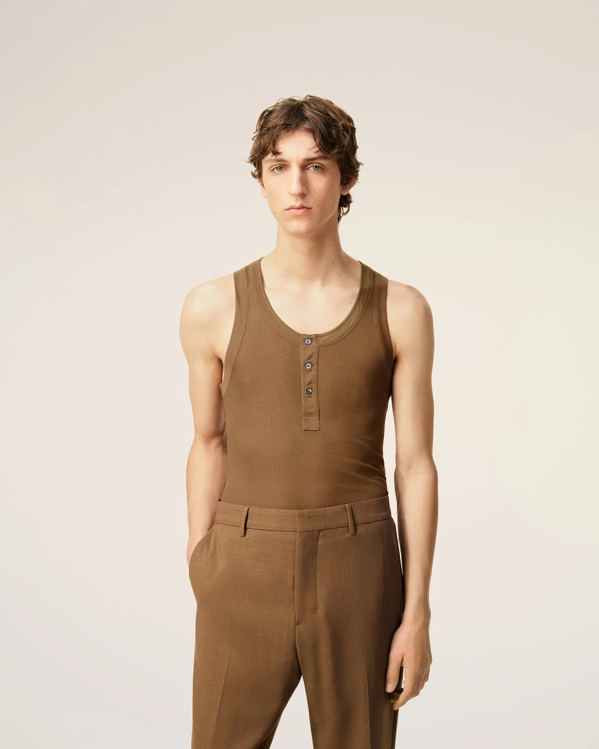 Brown Jersey Buttoned Placket Tanktop