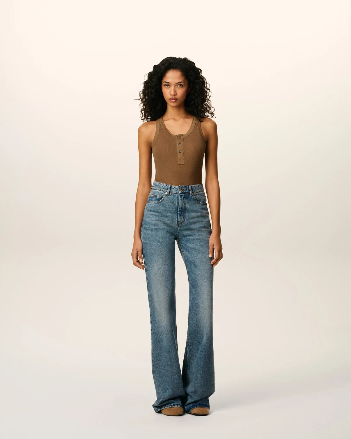 Brown Jersey Tanktop With Buttoned Placket
