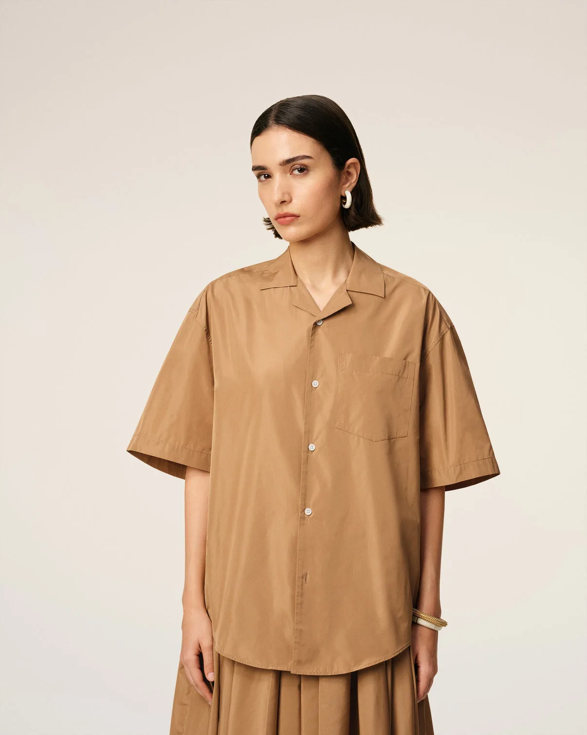 Brown Taffetass Short Sleeved Boxy Shirt