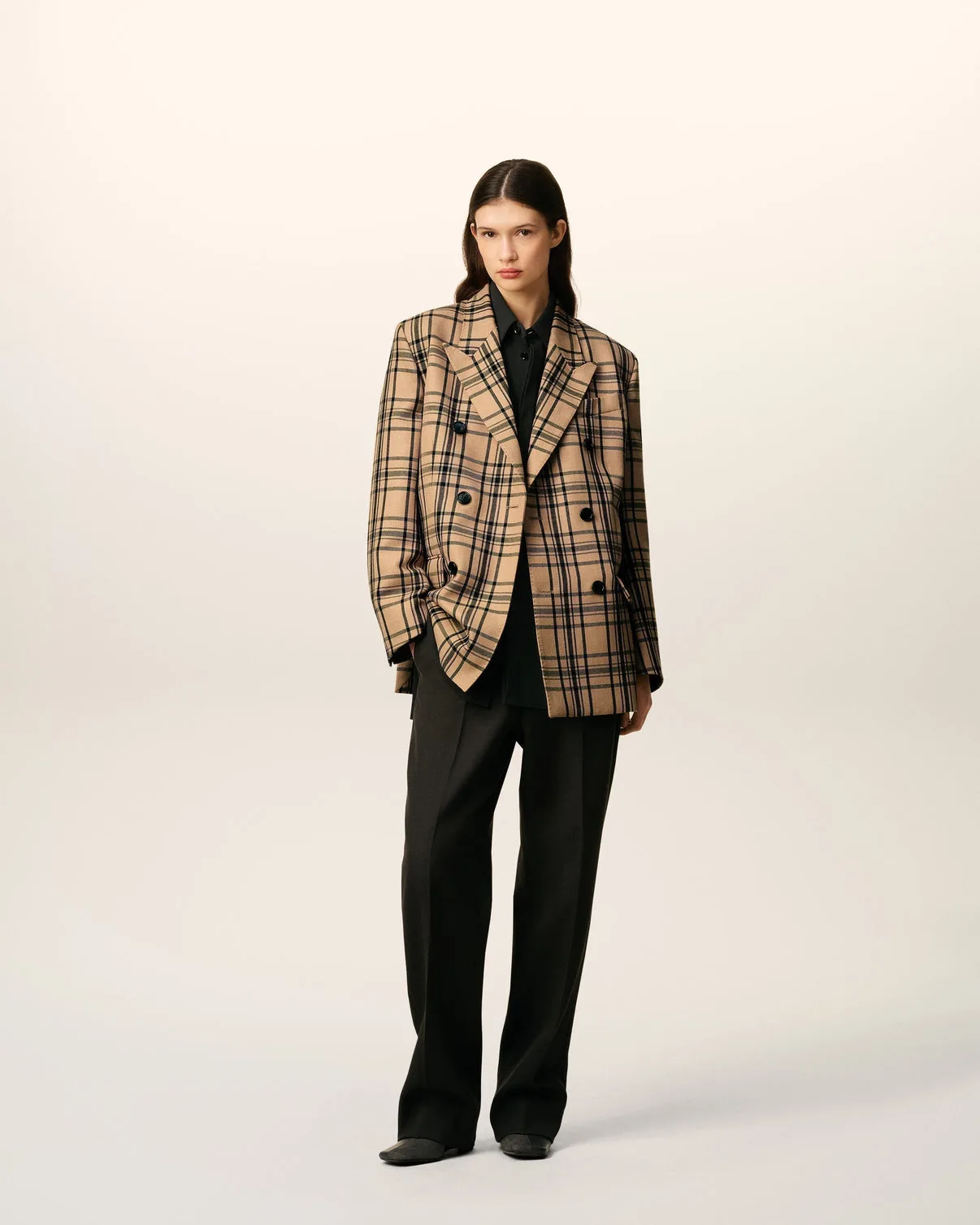 Brown Wool Checked Loose Double Breasted Jacket