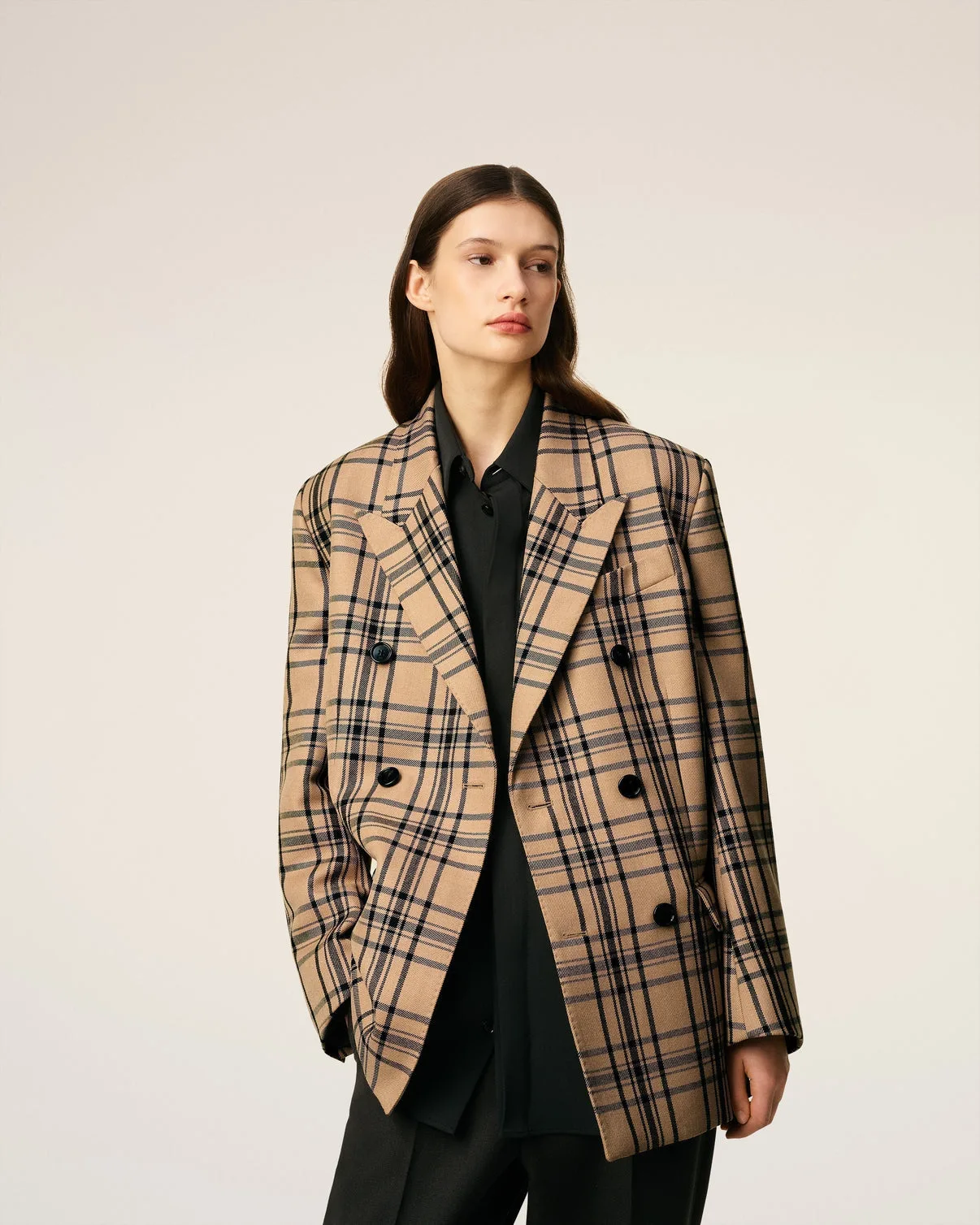 Brown Wool Checked Loose Double Breasted Jacket