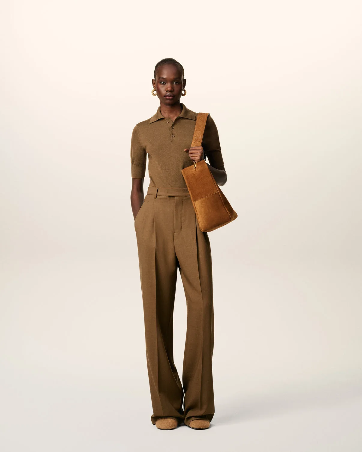 Brown Wool High Waist Tabs Wide Pants