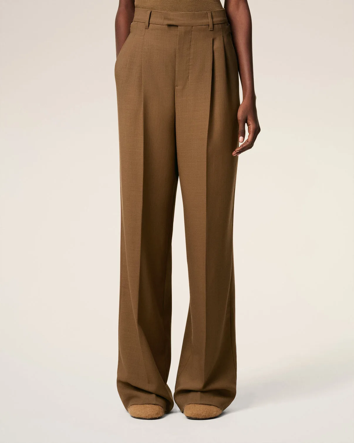 Brown Wool High Waist Tabs Wide Pants