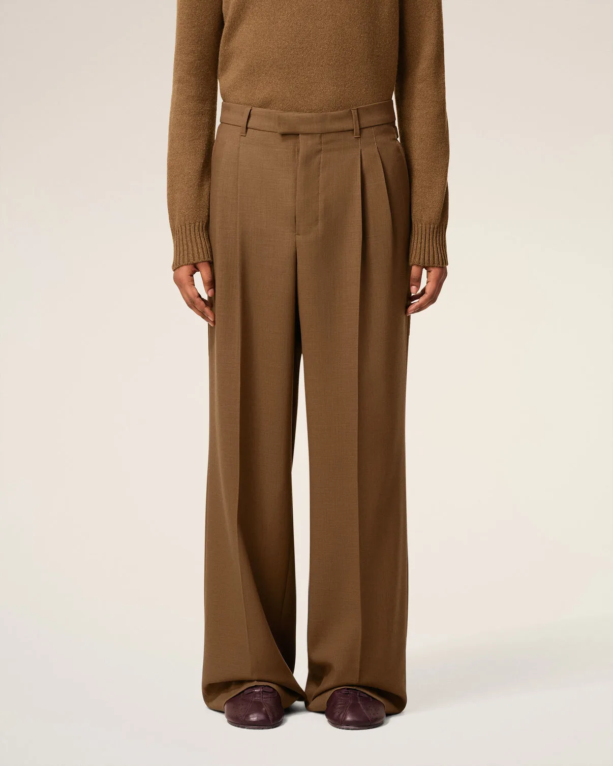 Brown Wool Tabs Wide Pants