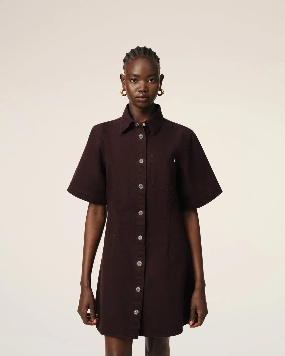 Burgundy Cotton Short Sleeve Shirt Dress