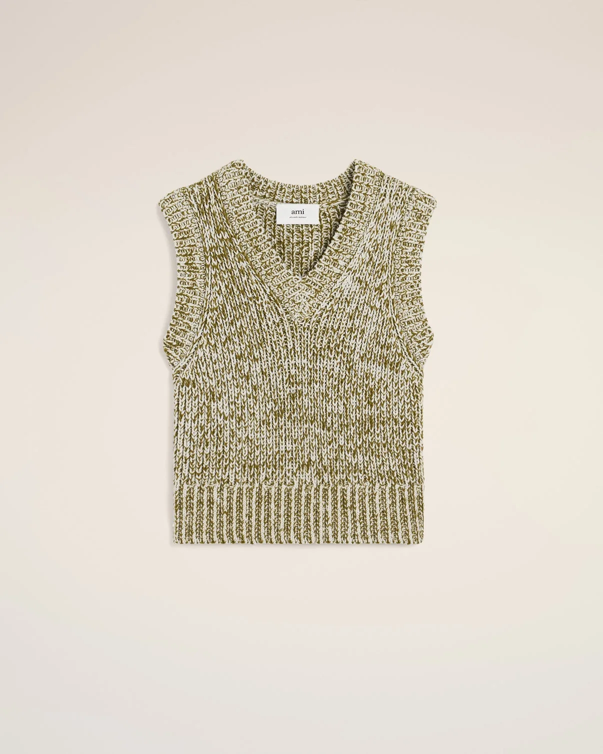 Green Cotton And Wool Sleeveless V Neck Sweater