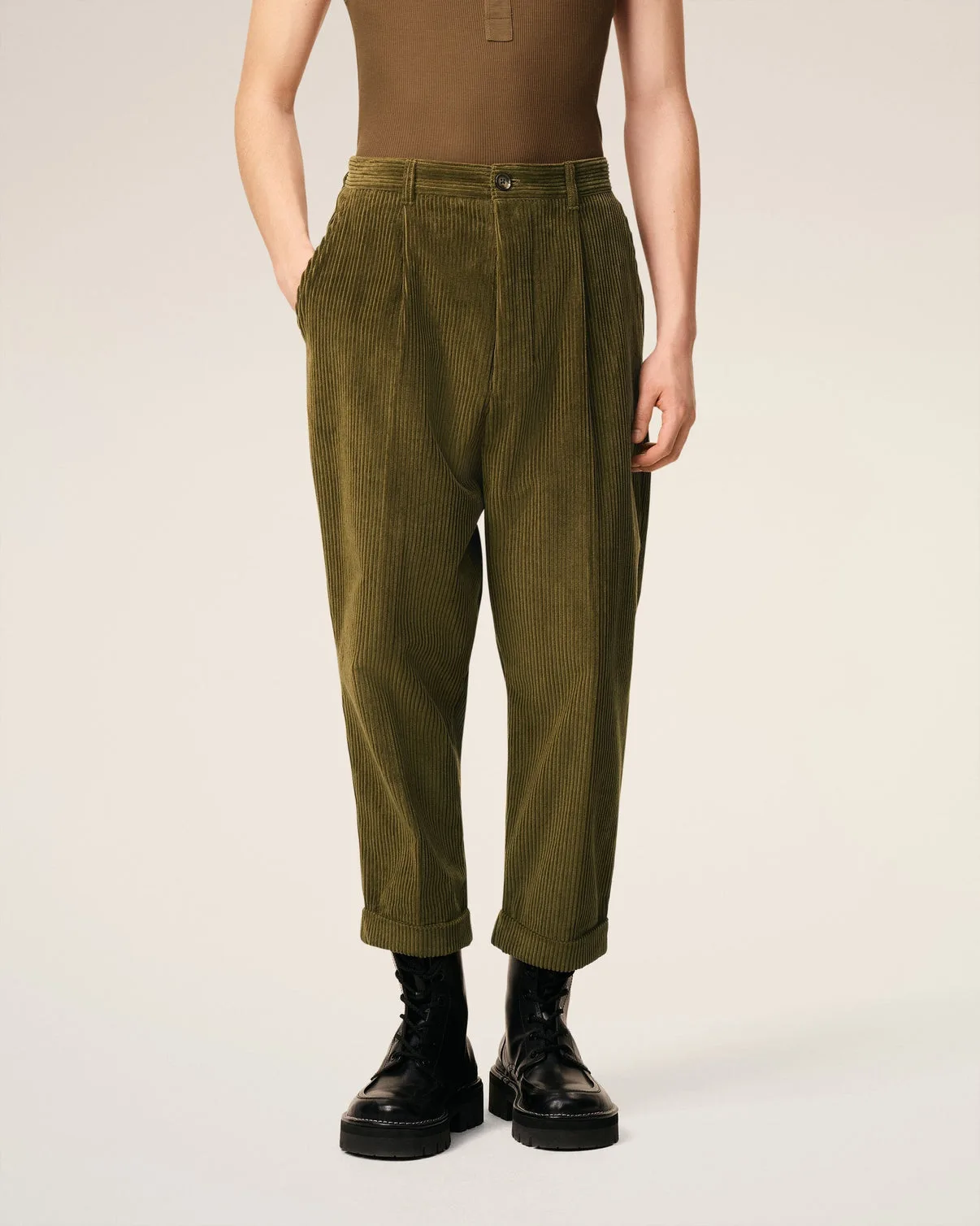 Green Cotton Carrot Corduroy Oversized Pants