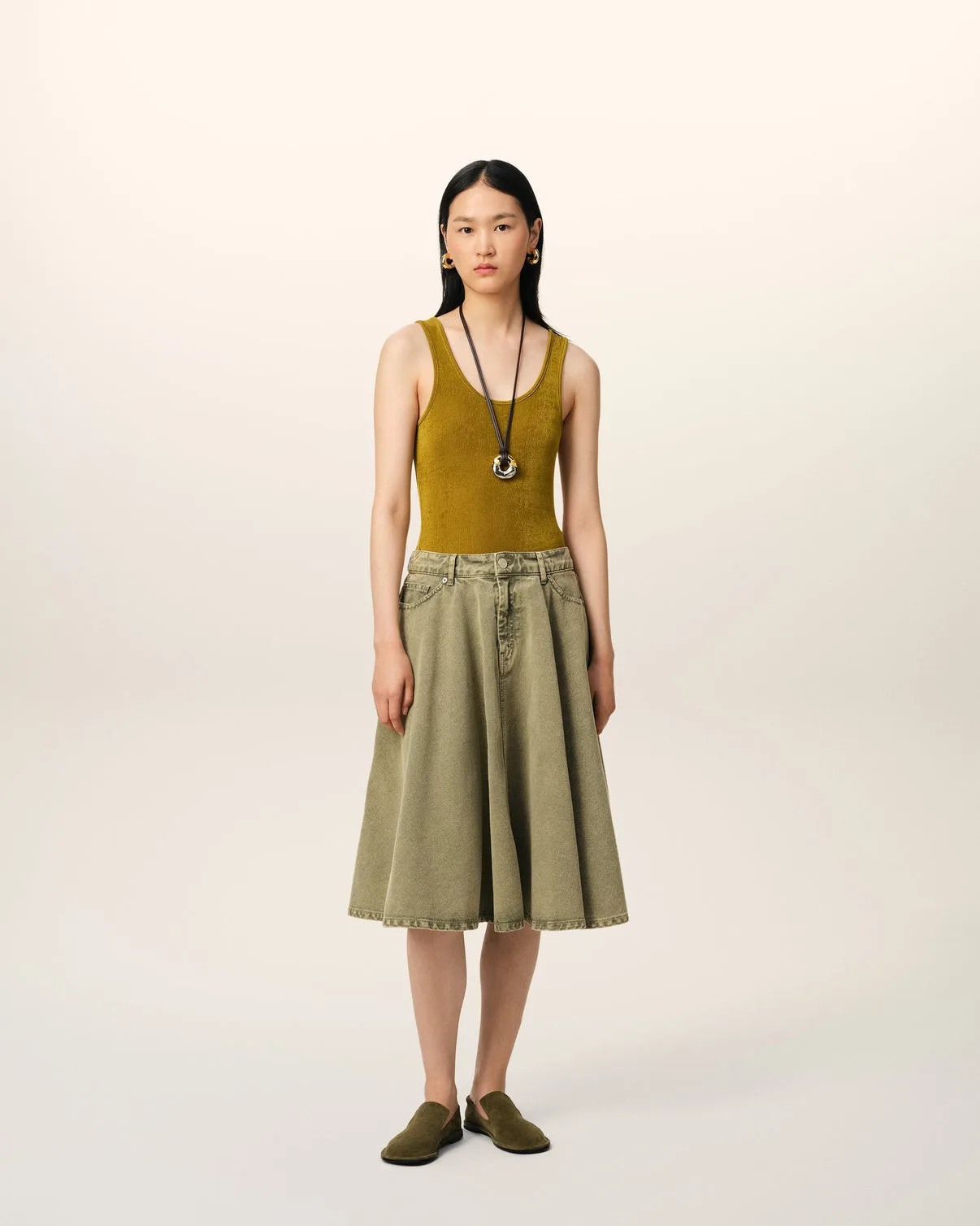 Green Cotton Midi Skirt With Godets