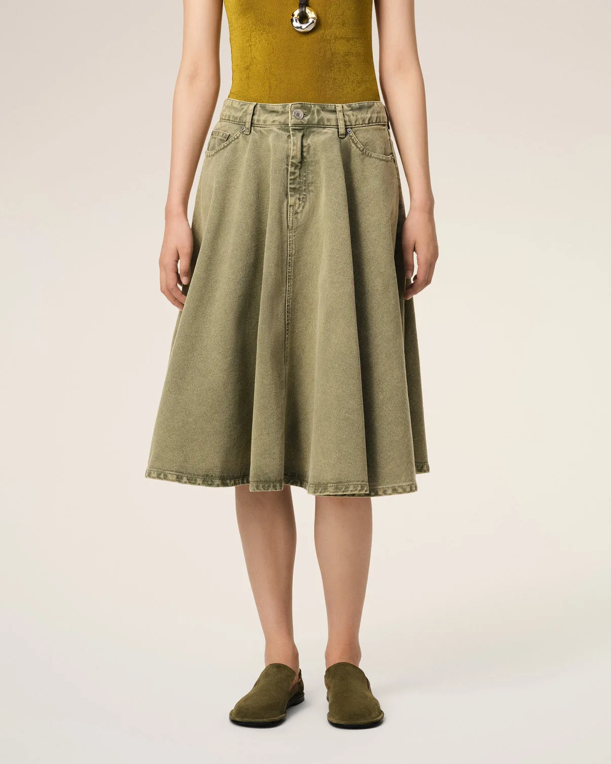 Green Cotton Midi Skirt With Godets